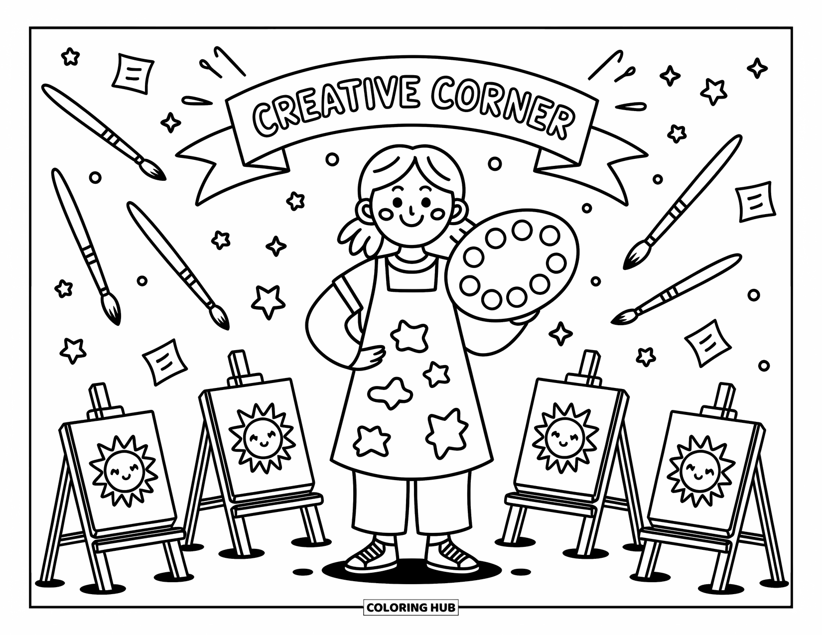 Lehrer Ausmalbild für Erwachsene: Ein fröhlicher Kunstlehrer steht mit einer Palette da, während Staffeleien und Glitzer den kreativen Raum füllen