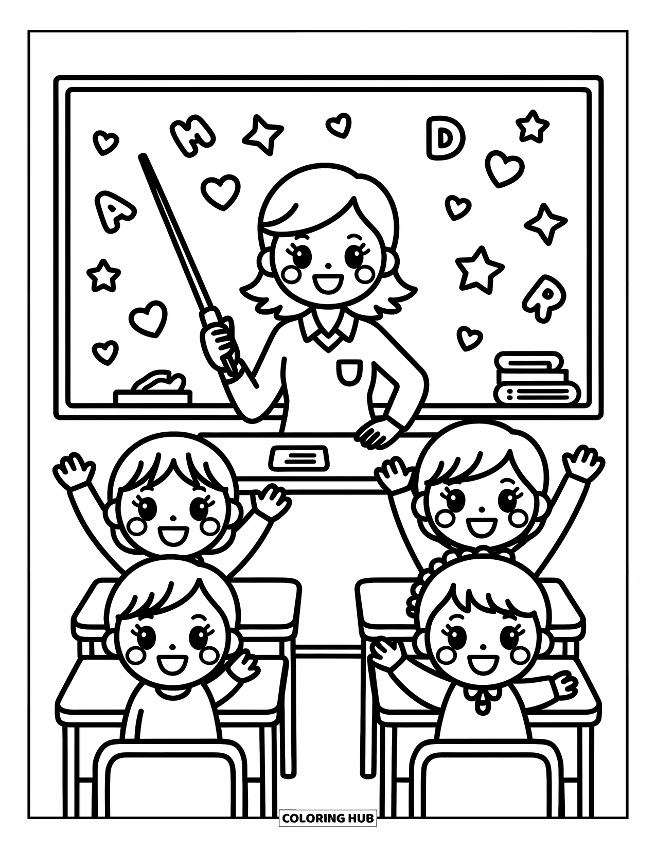 Lehrer Ausmalbild für Erwachsene: Eine fröhliche Klassenzimmerszene zeigt einen Lehrer und vier aufgeregte Schüler mit Herzen und Sternen drumherum