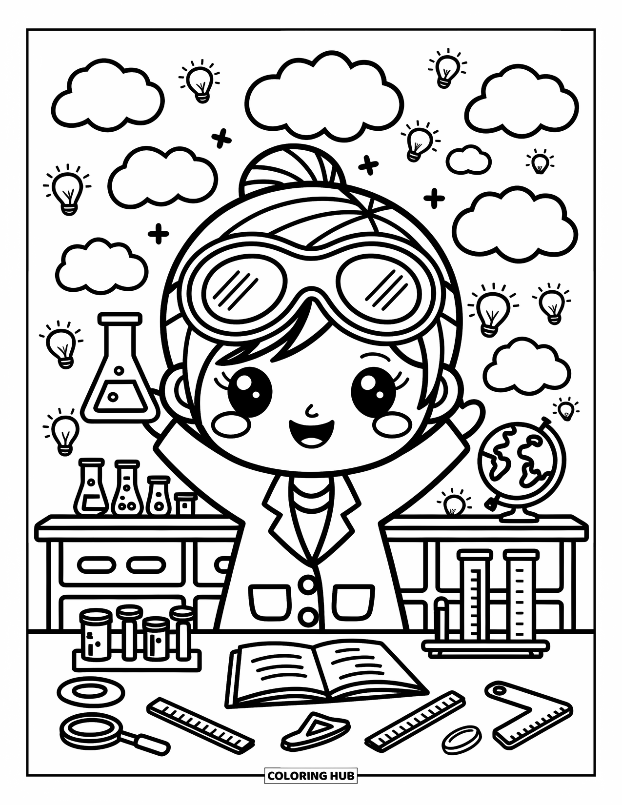 Lehrer Ausmalbild für Erwachsene: Ein fröhlicher Naturwissenschaftslehrer mit Schutzbrille hält ein Becherglas in der Nähe von Regalen mit Gläsern und winzigen Werkzeugen