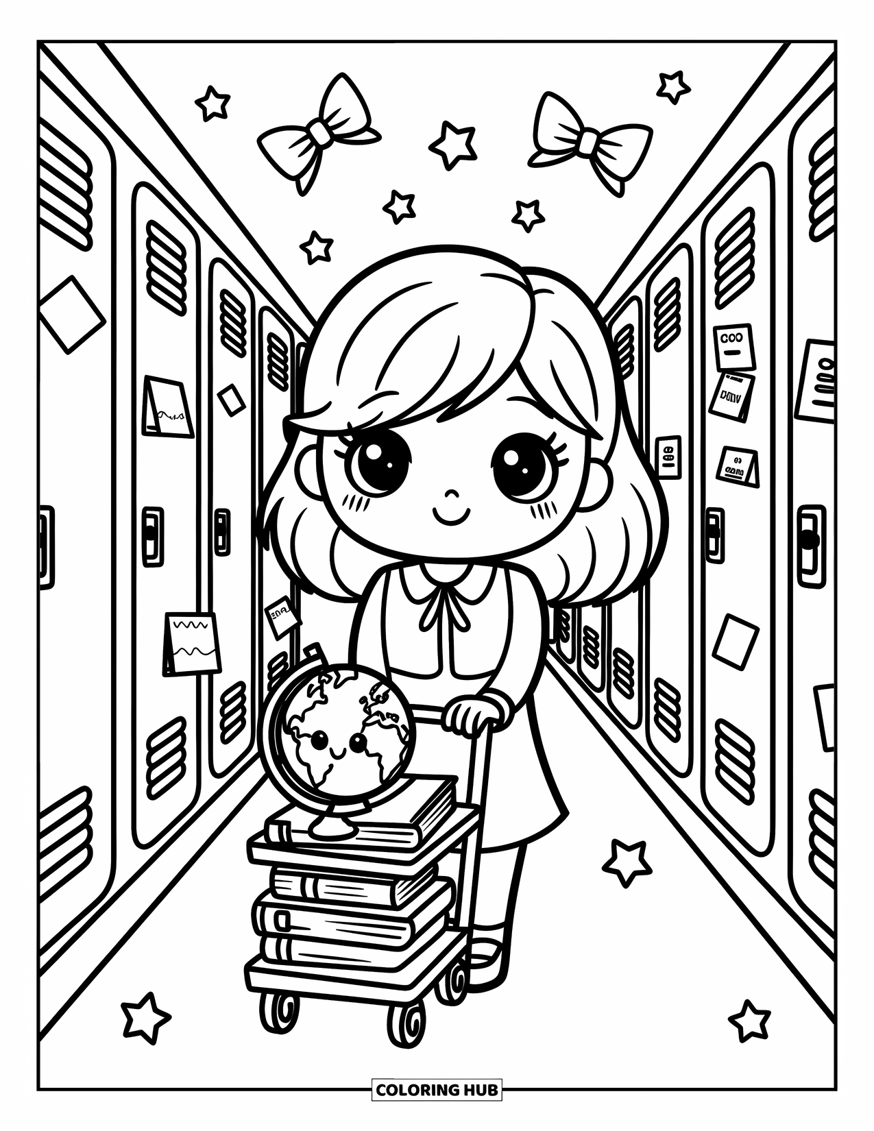 Lehrer Ausmalbild für Erwachsene: Ein fröhlicher Lehrer schiebt einen Wagen mit Büchern und einem lächelnden Globus an Schließfächern und Konfetti vorbei