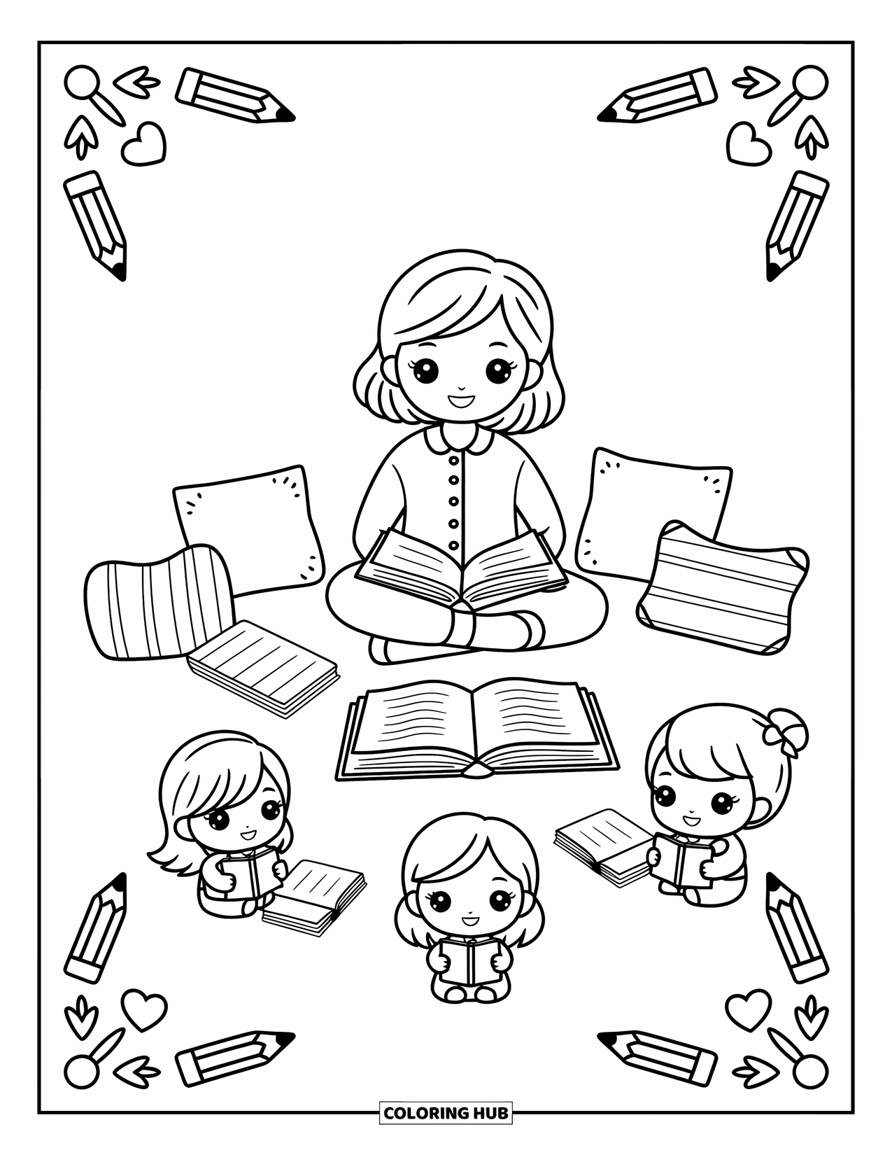 Lehrer Ausmalbild für Erwachsene: Ein fröhlicher Lehrer liest eine Geschichte auf dem Boden vor, umgeben von Schülern, Kissen und Notizbüchern