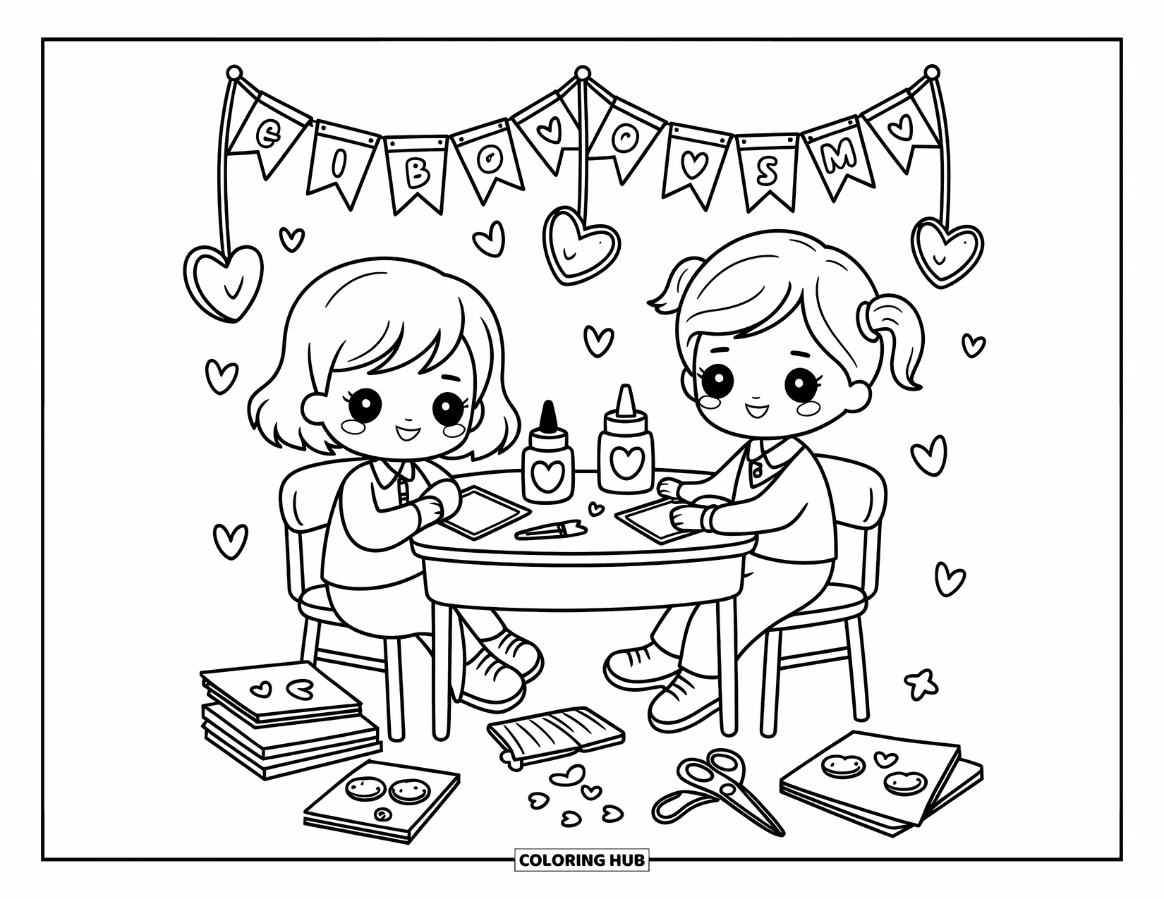 Lehrer Ausmalbild für Erwachsene: Ein Chibi-Lehrer und ein Schüler sitzen an einem Tisch und basteln, wobei Dekorationen über ihnen hängen