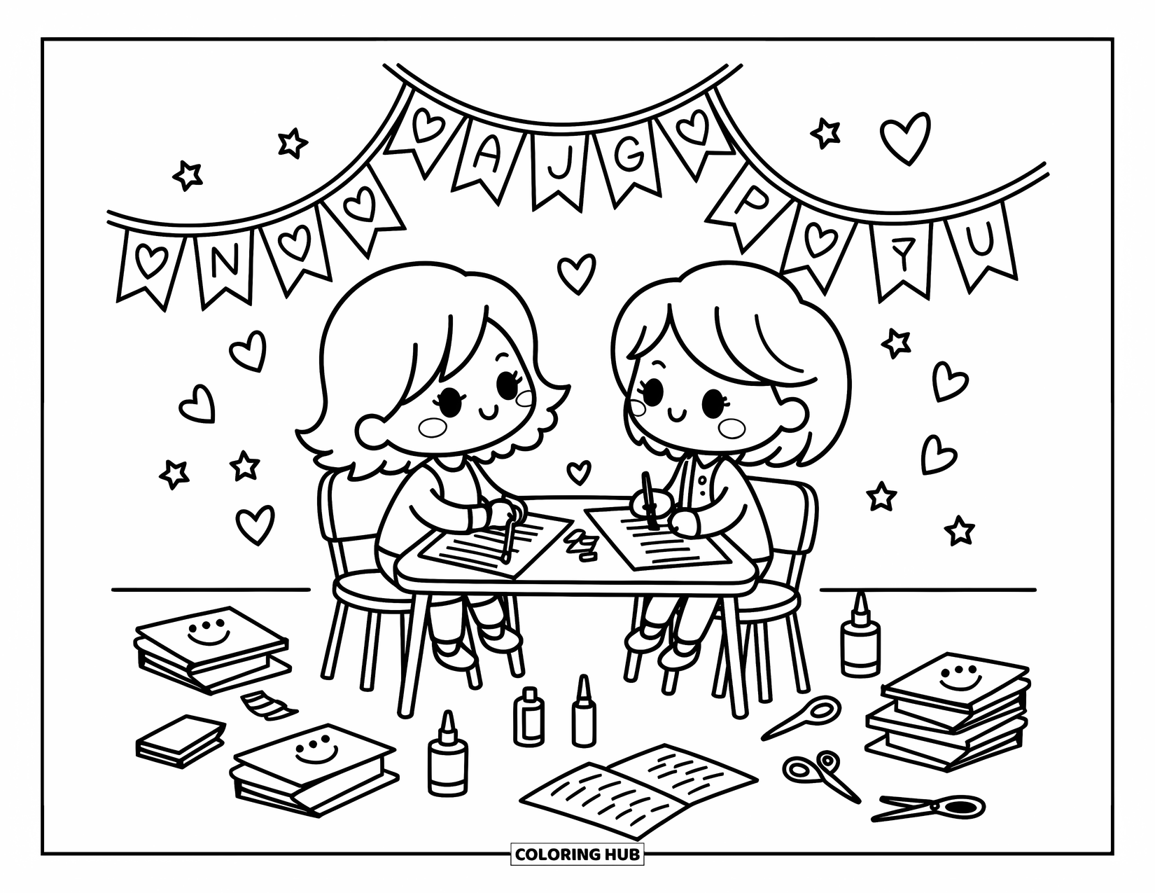 Lehrer Ausmalbild für Erwachsene: Ein Chibi-Lehrer und ein Schüler arbeiten an einem kleinen Tisch voller Papier und Dekorationen an Bastelarbeiten