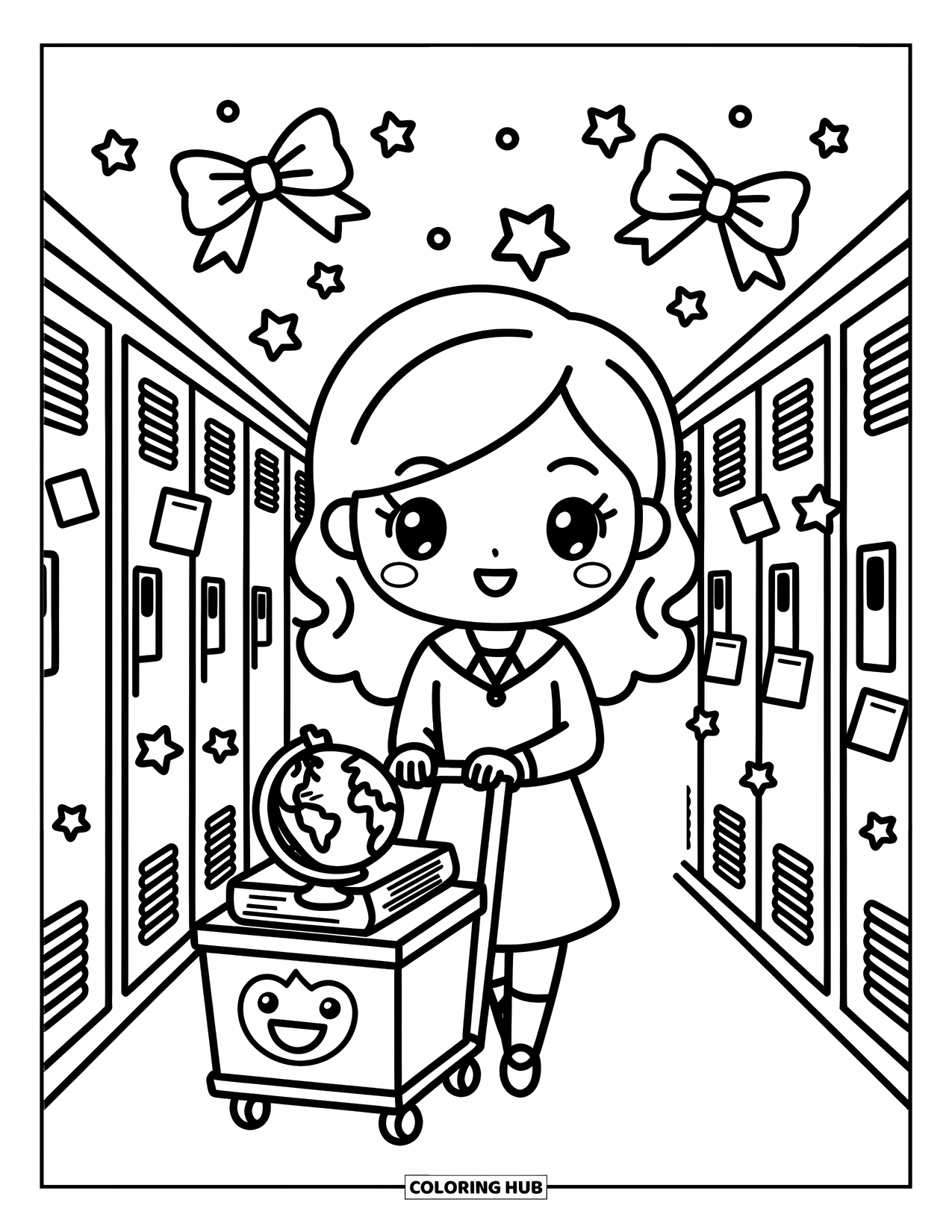 Lehrer Ausmalbild für Erwachsene: Ein Chibi-Lehrer schiebt einen Bücherwagen einen mit Schließfächern gesäumten Flur entlang, der mit schwebenden Sternen gefüllt ist