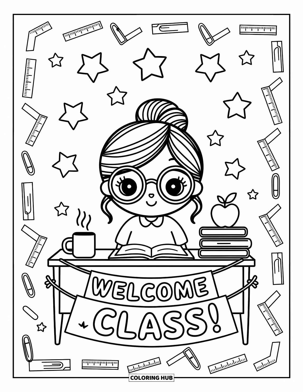 Lehrer Ausmalbild für Erwachsene: Ein Chibi-Lehrer mit Brille und einem unordentlichen Dutt sitzt an ihrem Schreibtisch, umgeben von Büchern und Sternen