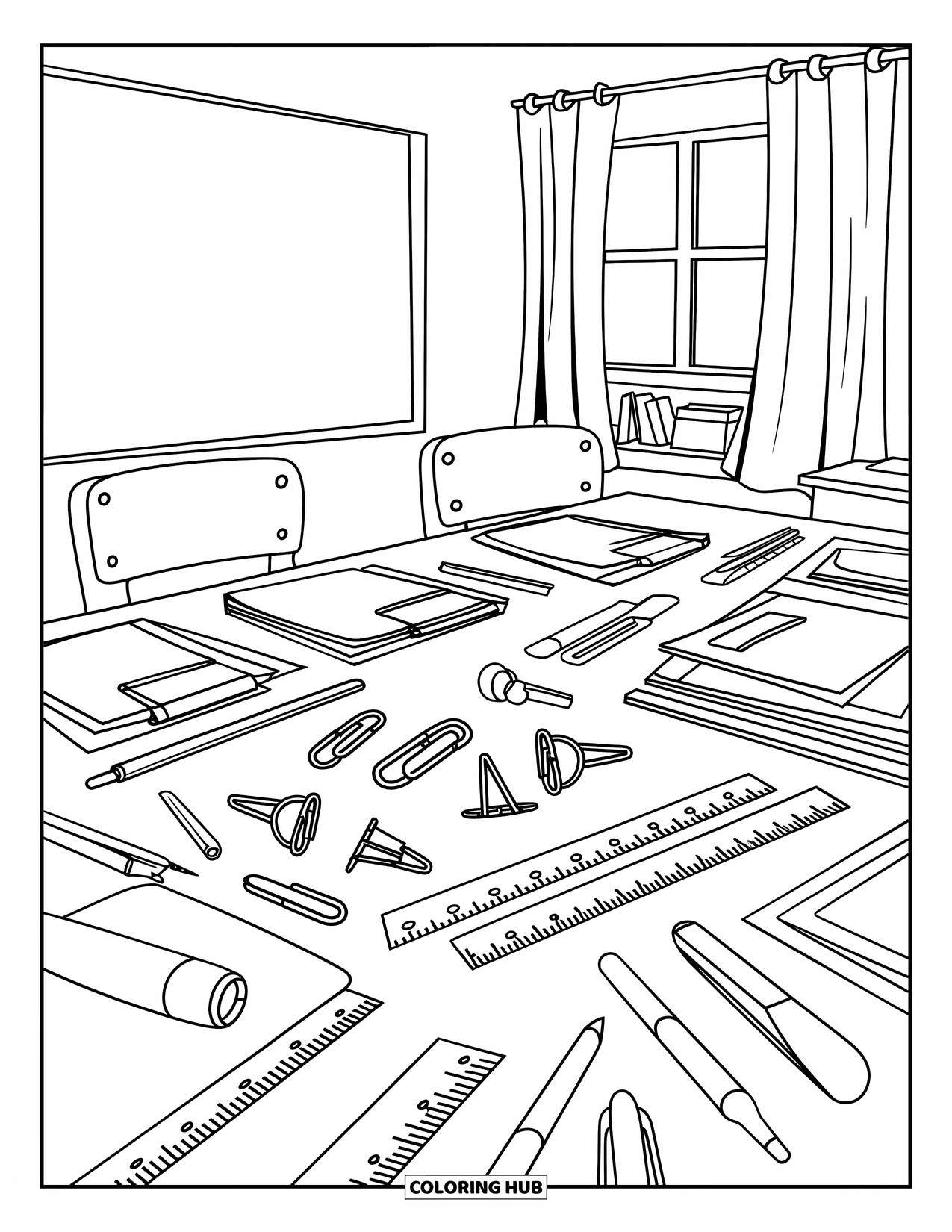 Lehrer Ausmalbild für Erwachsene: Eine Klassenzimmerszene zeigt einen mit Vorräten bedeckten Tisch, eine Mathe-Tafel, ein Fenster und eine Pflanze in der Nähe