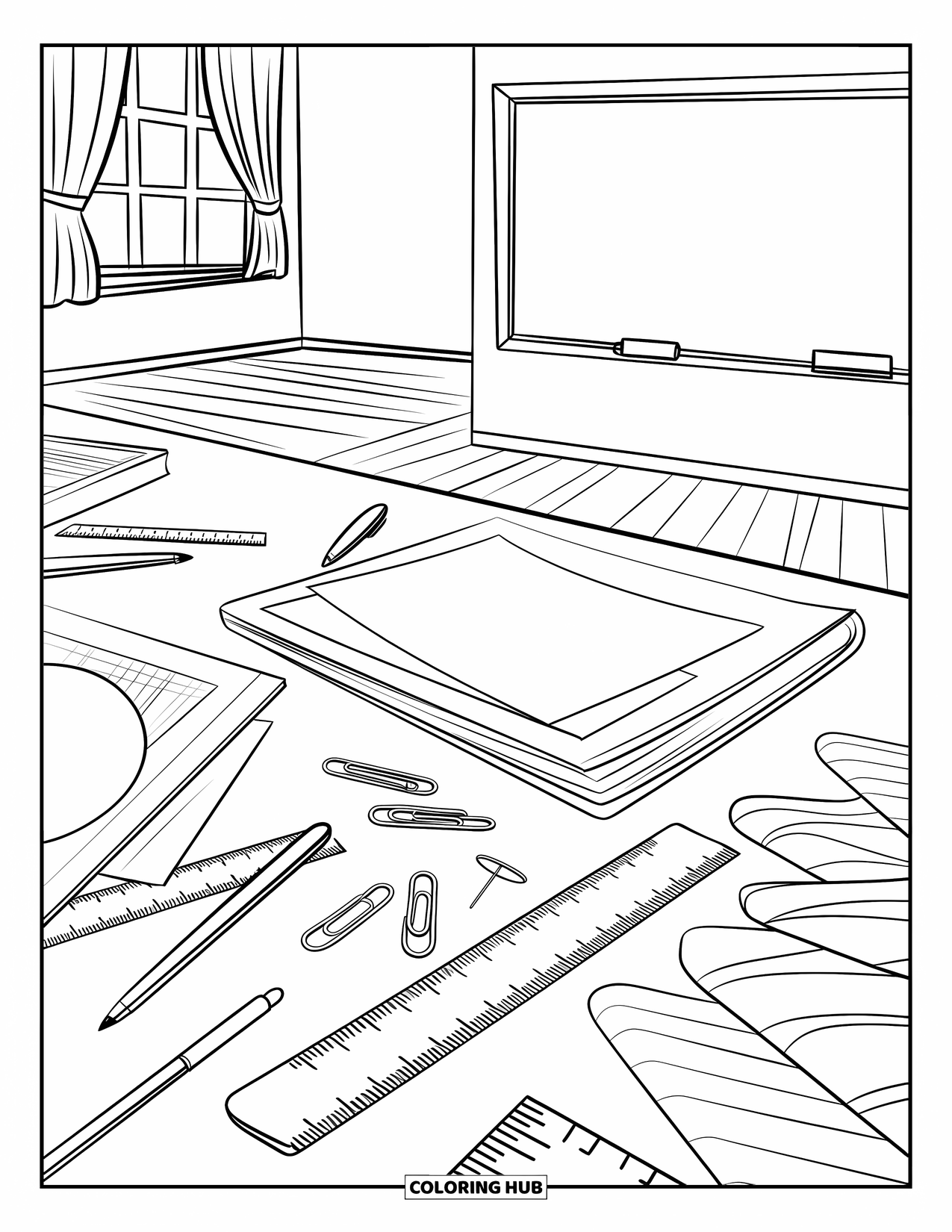 Lehrer Ausmalbild für Erwachsene: Ein Klassenzimmertisch enthält Papiere, Stifte und Werkzeuge in der Nähe einer Tafel und eines Vorhangfensters