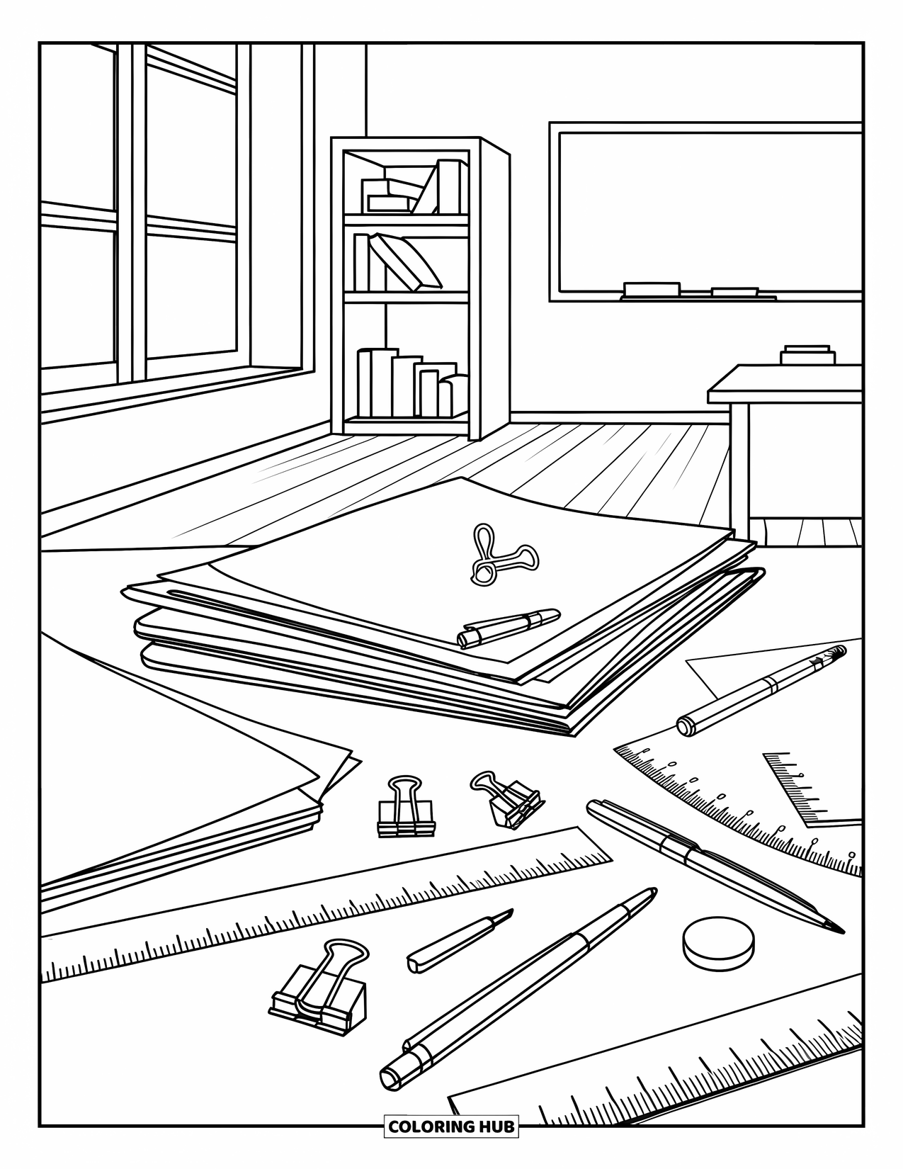 Lehrer Ausmalbild für Erwachsene: Ein Klassenzimmertisch ist mit Unterrichtsmaterialien in der Nähe eines Fensters, einer Tafel und eines Bücherregals bedeckt
