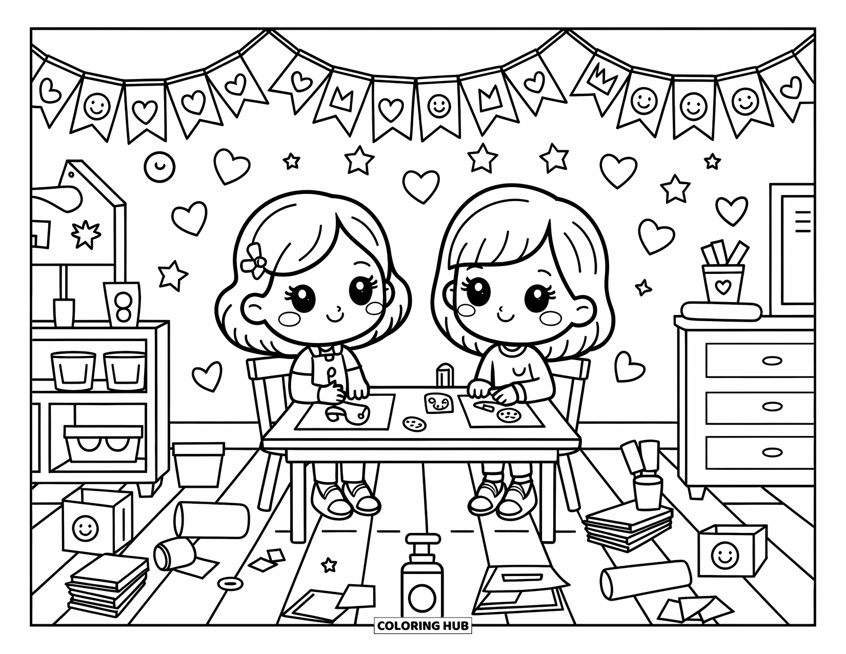 Lehrer Ausmalbild für Erwachsene: Ein gemütlicher Tisch ist mit Bastelarbeiten gefüllt, während ein Lehrer und ein Schüler unter verspielten Dekorationen arbeiten