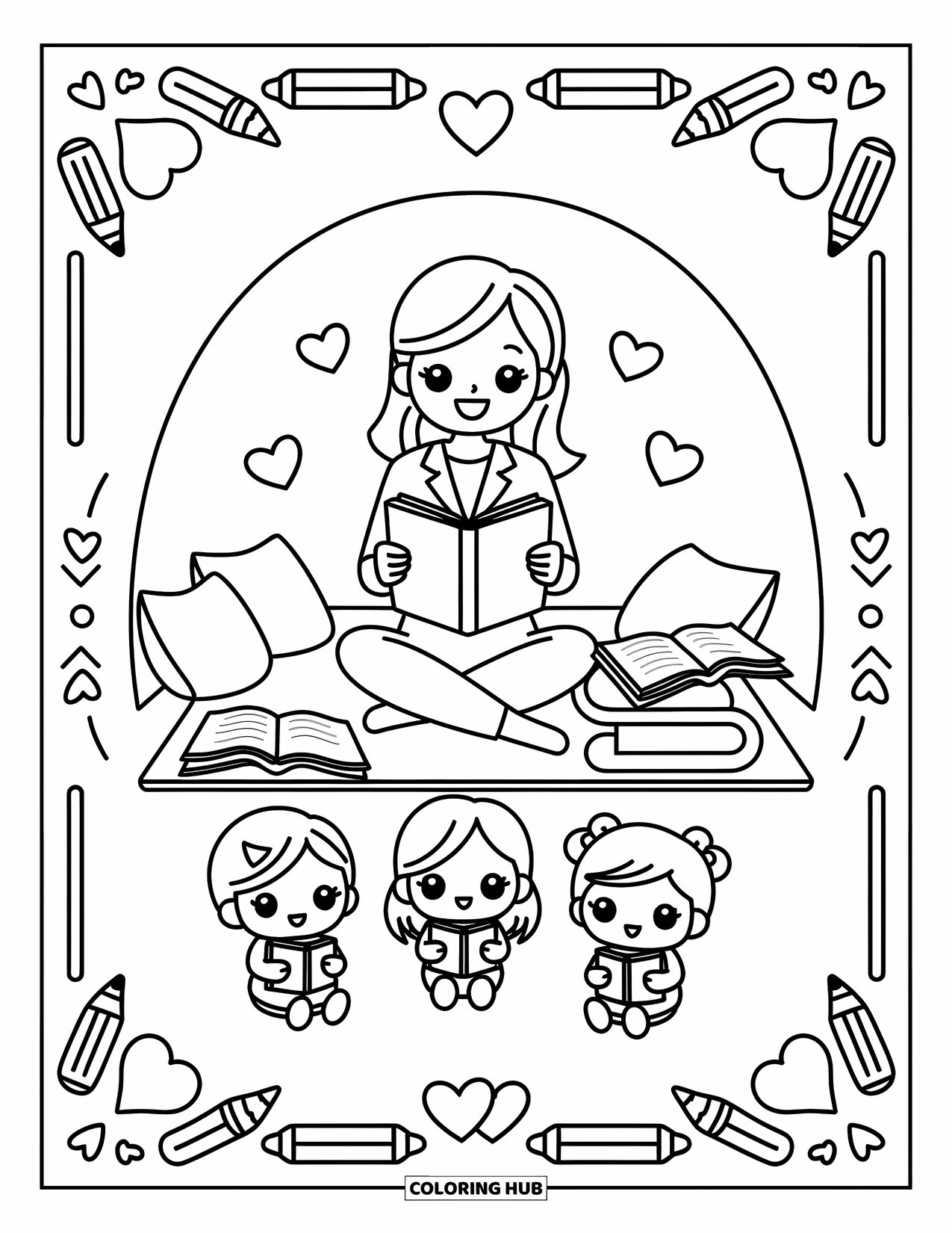 Lehrer Ausmalbild für Erwachsene: Ein glücklicher Lehrer teilt ein Buch mit Schülern, eingebettet zwischen Kissen und umgeben von Herzen