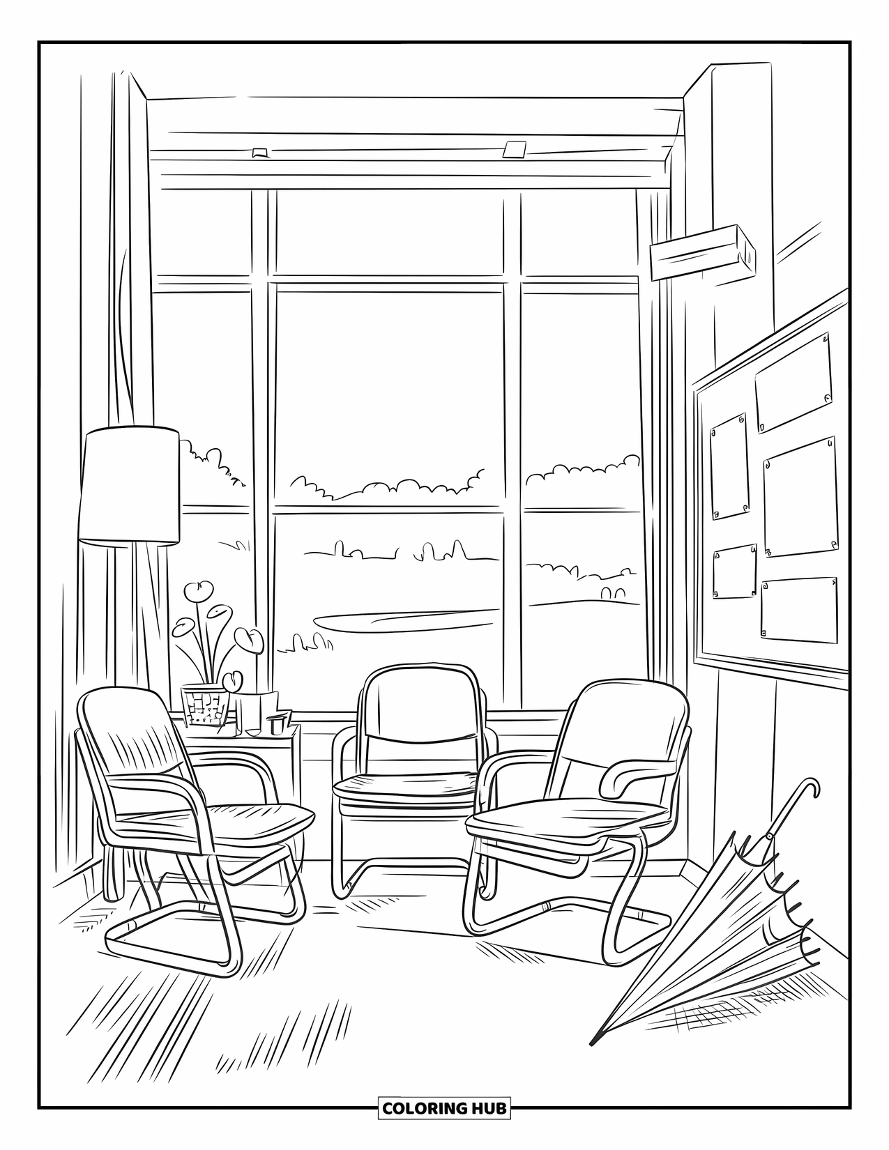 Lehrer Ausmalbild für Erwachsene: Eine ruhige Lounge mit gemütlichen Stühlen, einer Pflanze, einem kleinen Tisch und einem Regenschirm in der Ecke