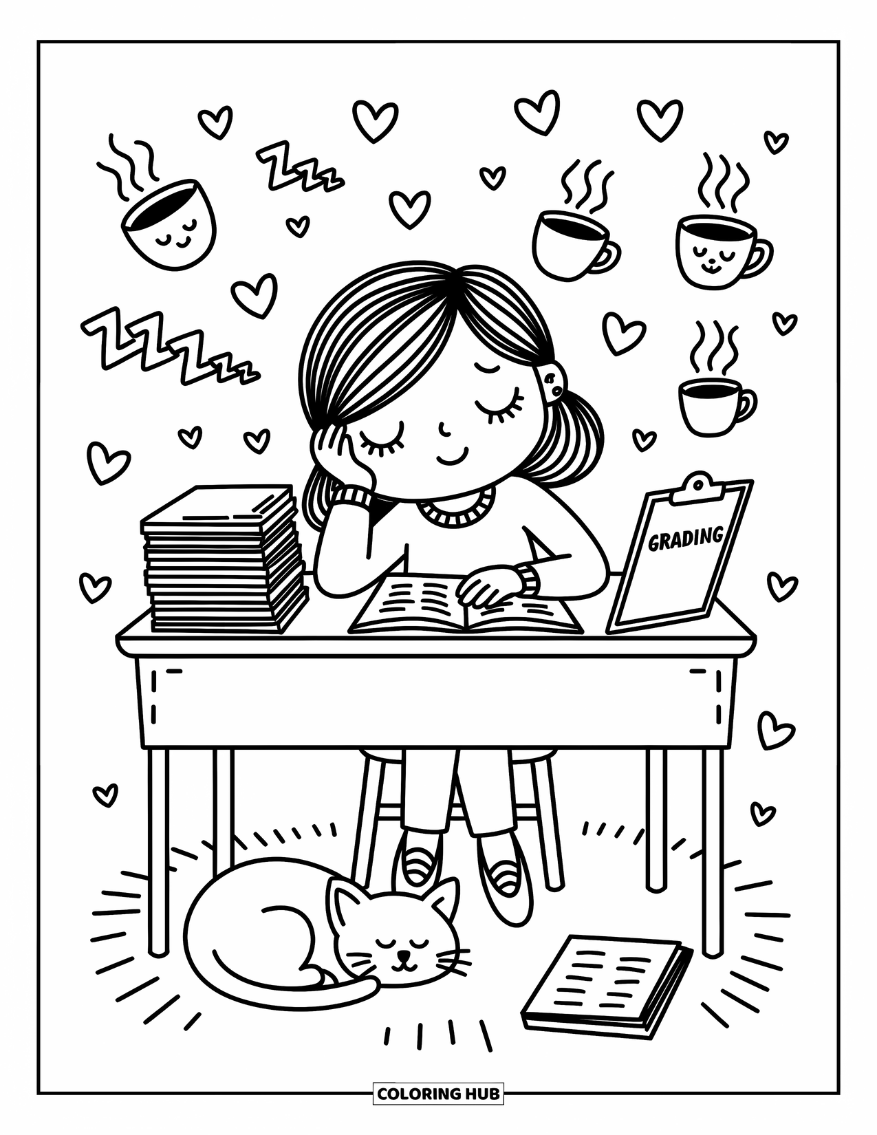 Lehrer Ausmalbild für Erwachsene: Ein schläfriger Lehrer sitzt neben benoteten Arbeiten, während winzige Tassen und eine gemütliche Katze die Szene vervollständigen