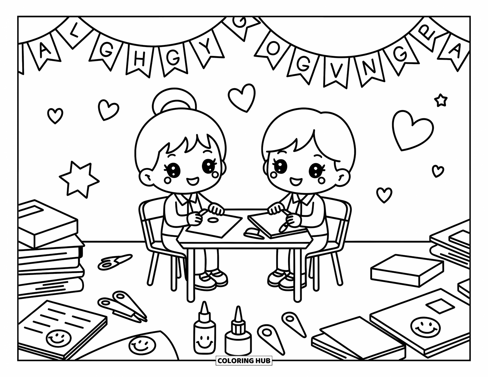 Lehrer Ausmalbild für Erwachsene: Eine kleine Tischszene zeigt einen Chibi-Lehrer und einen Schüler, umgeben von Bastelarbeiten und hängenden Flaggen