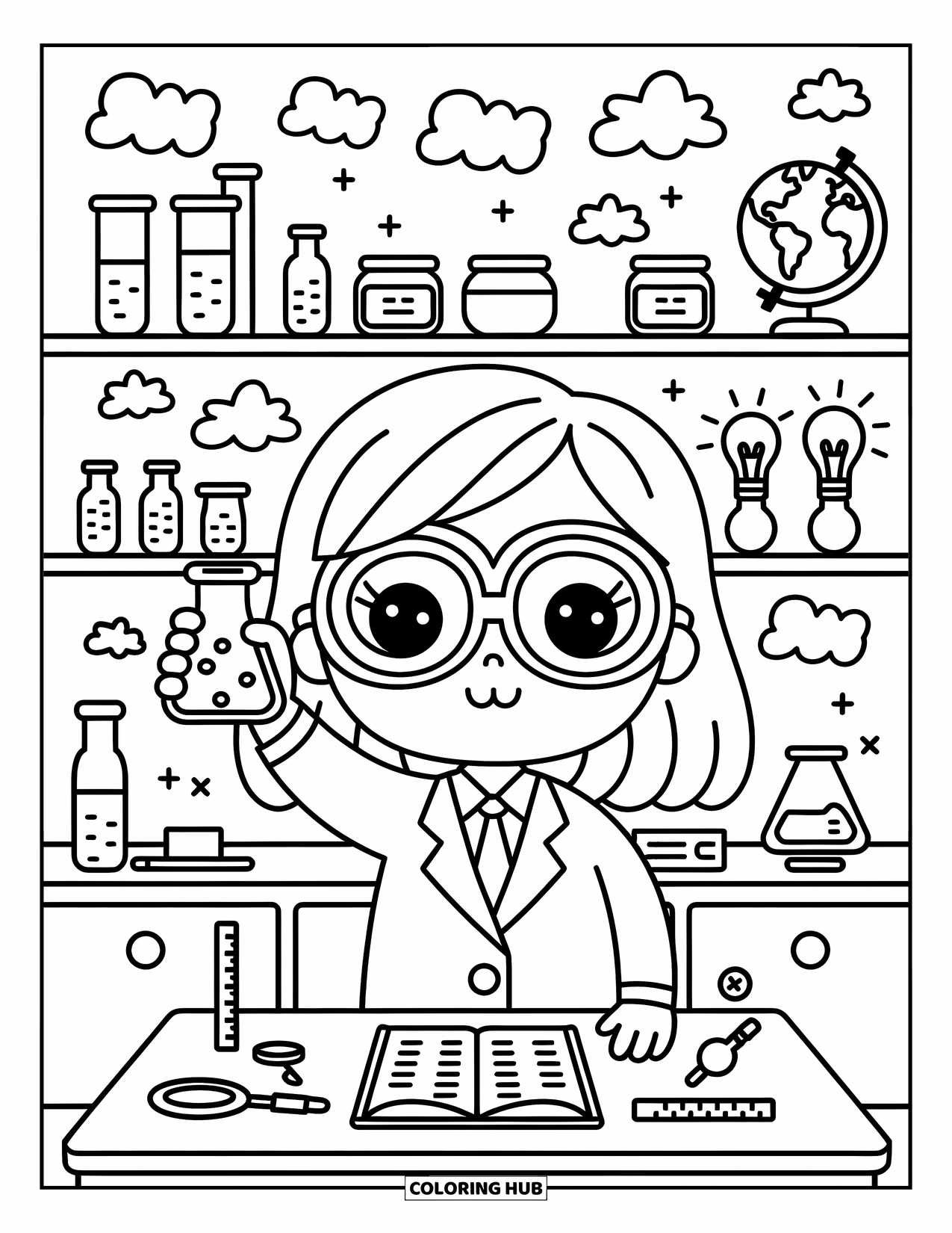 Lehrer Ausmalbild für Erwachsene: Ein lächelnder Naturwissenschaftslehrer mit Wolkenpuffs hält ein Becherglas neben Kritzeleien und Experimenten