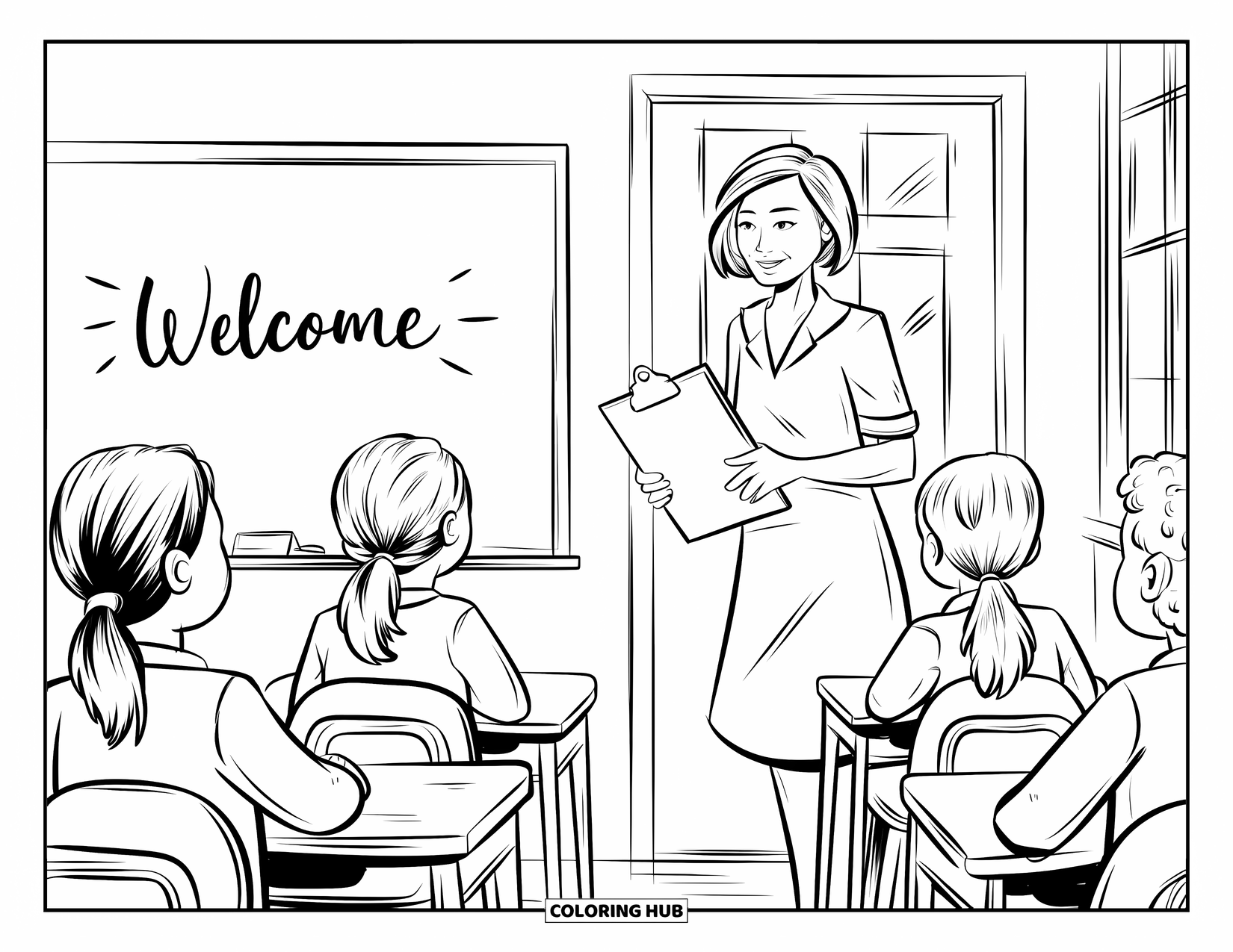 Lehrer Ausmalbild für Erwachsene: Ein lächelnder Lehrer in einem Kleid begrüßt uniformierte Schüler an einer Willkommenstafel und einem Klassenzimmerfenster