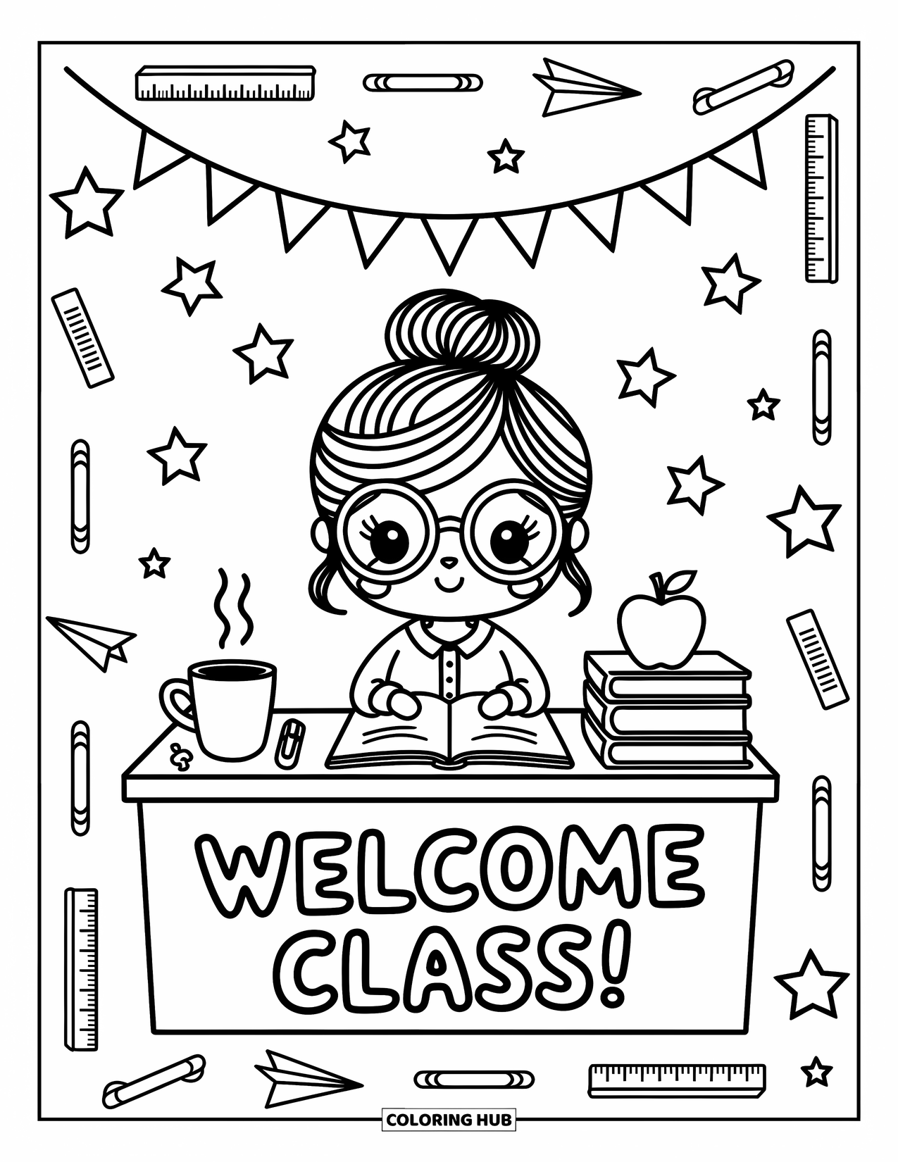 Lehrer Ausmalbild für Erwachsene: Ein lächelnder Lehrer sitzt an einem belebten Schreibtisch, während Klassenzimmerkritzeleien und ein Willkommensbanner die Luft erfüllen