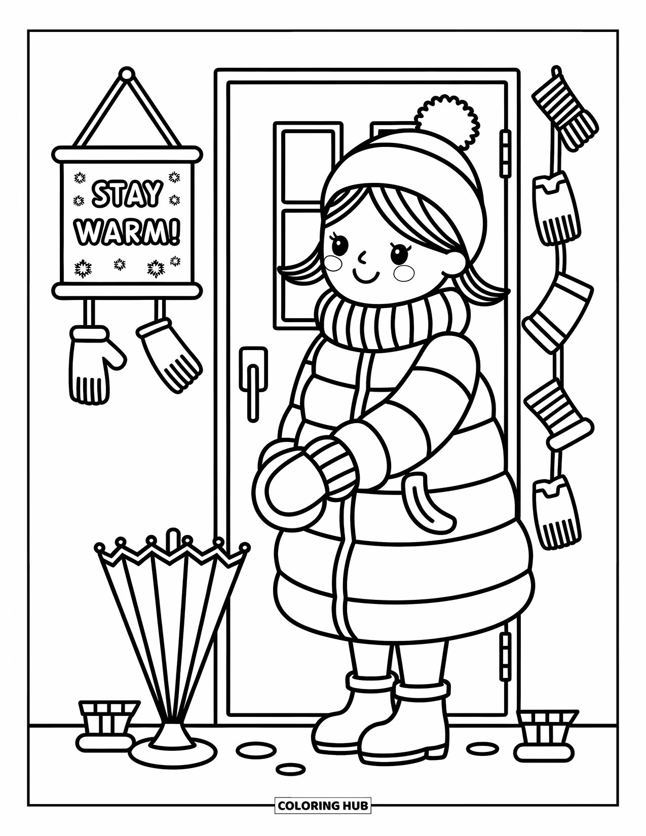 Lehrer Ausmalbild für Erwachsene: Ein lächelnder Lehrer steht an der Klassenzimmertür, Schneeflocken fallen in der Nähe von gemütlichen Winteraccessoires