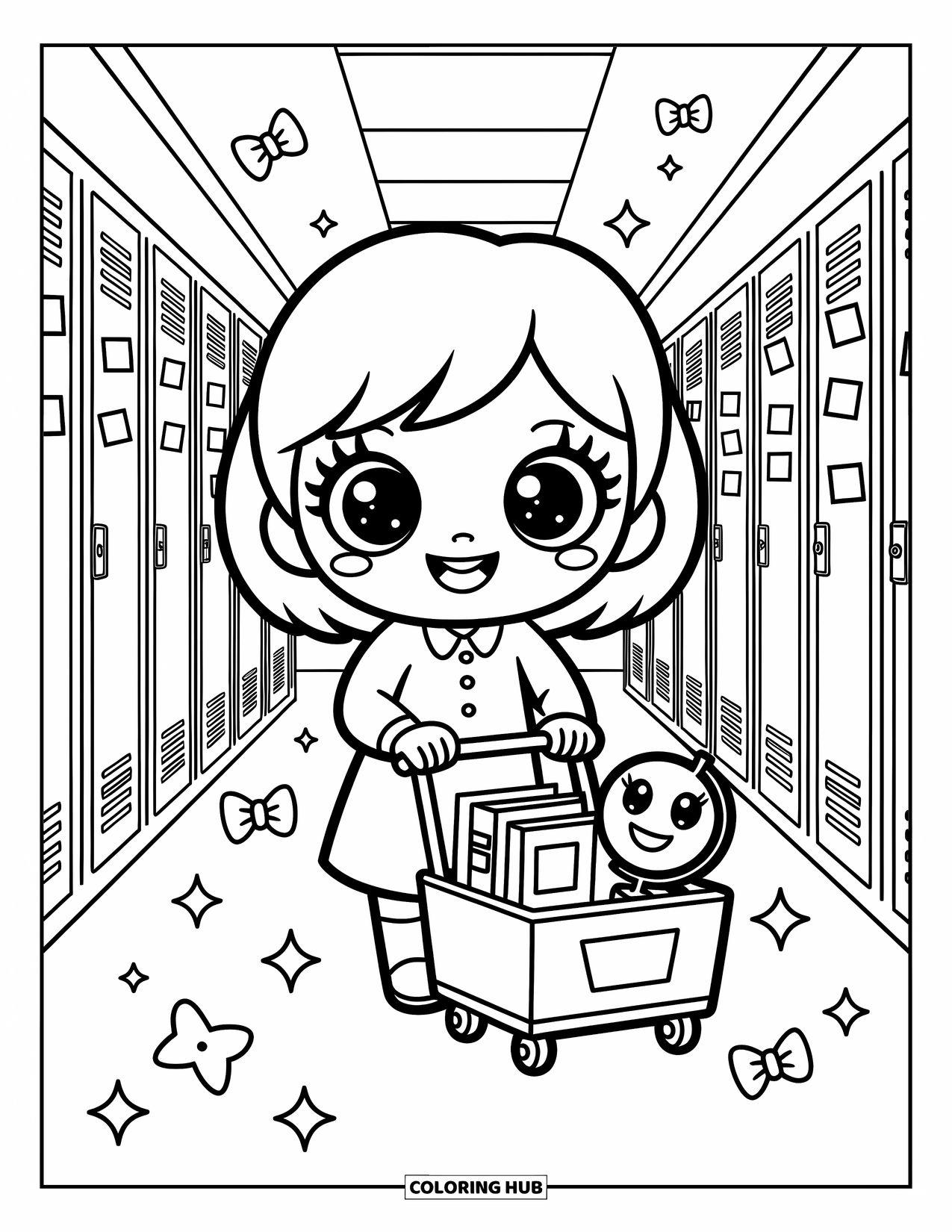 Lehrer Ausmalbild für Erwachsene: Ein lächelnder Lehrer geht mit einem Wagen mit Büchern und einem Globus an Schließfächern mit fröhlichen Aufklebern vorbei