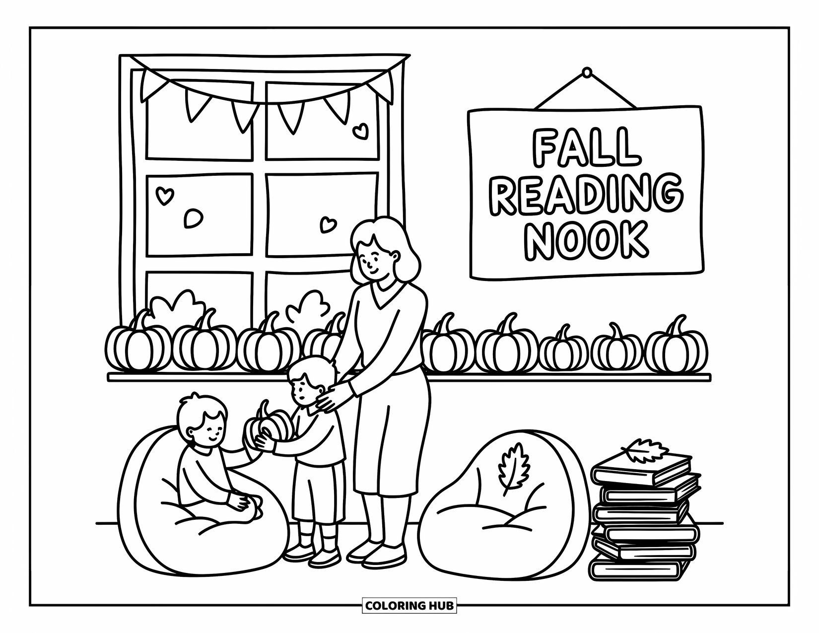 Lehrer Ausmalbild für Erwachsene: Ein Lehrer und Kinder arrangieren Kürbisse in der Nähe von Büchern und Sitzsäcken unter einem herbstlichen Lesezeichen