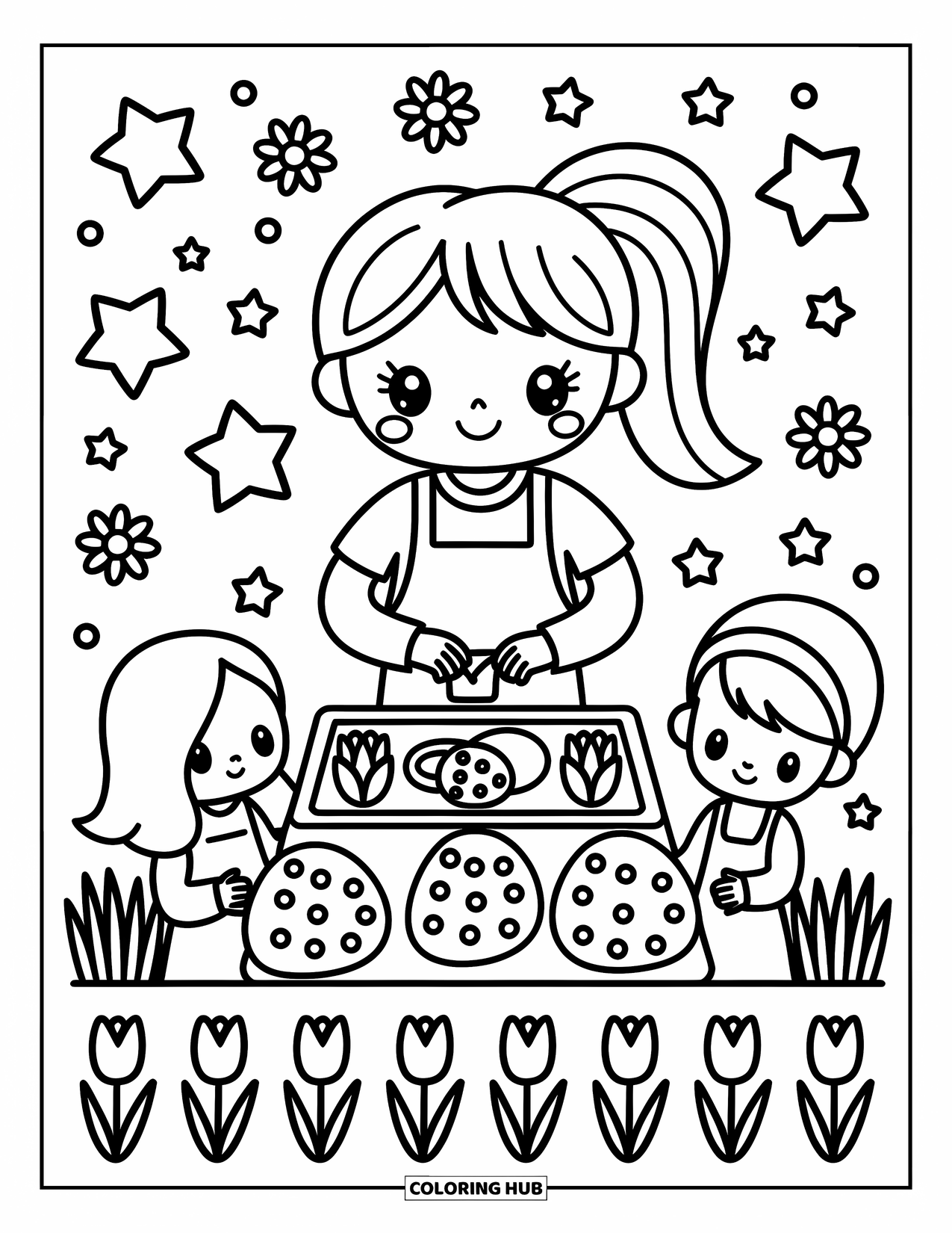 Lehrer Ausmalbild für Erwachsene: Ein Lehrer und Schüler dekorieren Eier mit Tulpen, Sternen und aufkleberartigen Blumen rundherum