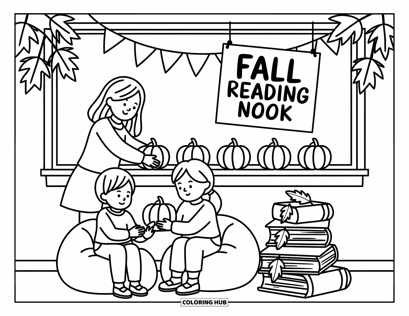 Lehrer Ausmalbild für Erwachsene: Ein Lehrer hilft zwei Schülern, Mini-Kürbisse unter einem Schild „Herbstleseecke“ anzuordnen