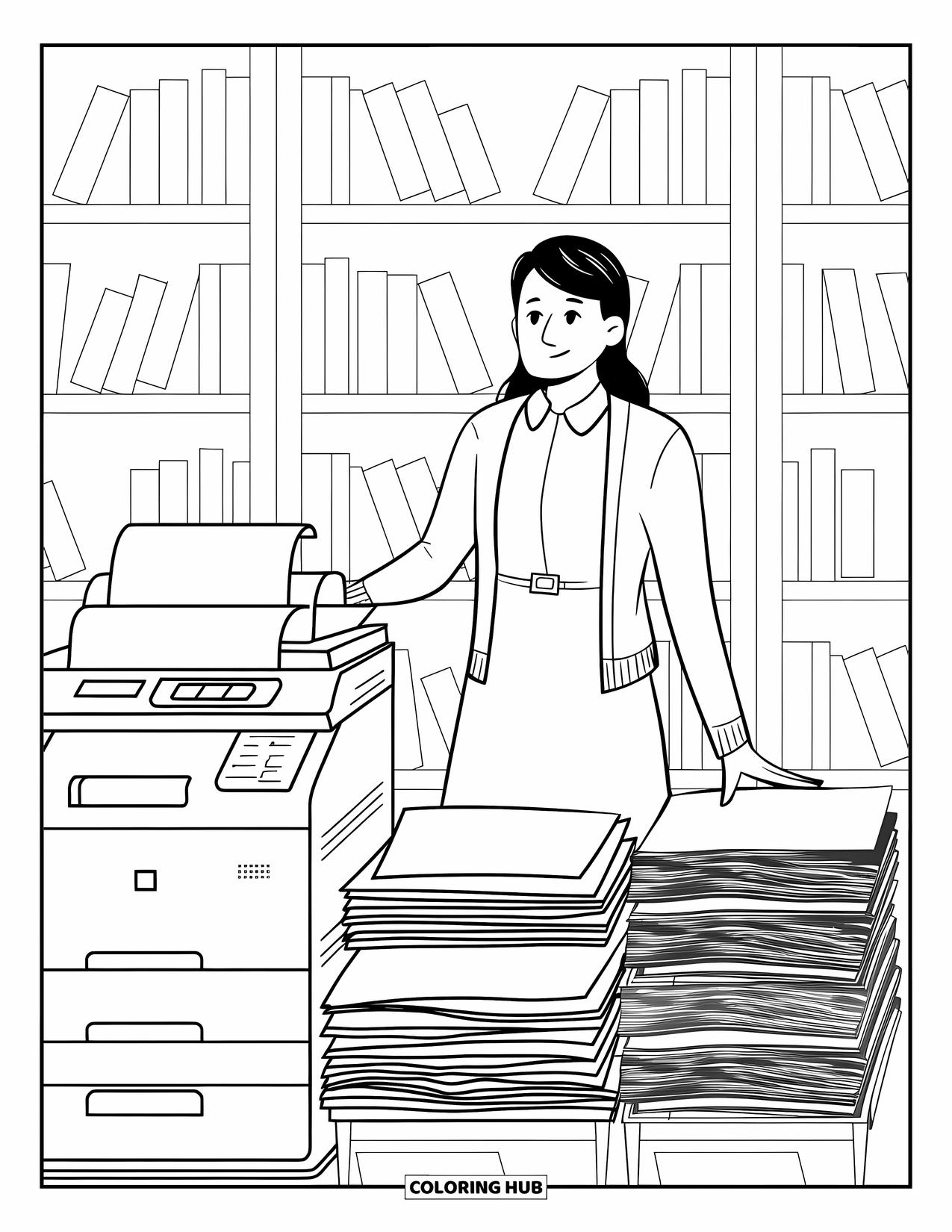 Lehrer Ausmalbild für Erwachsene: Ein Lehrer mit einer Strickjacke steht neben einem Kopierer, während Papierbögen und Bücher den Raum füllen