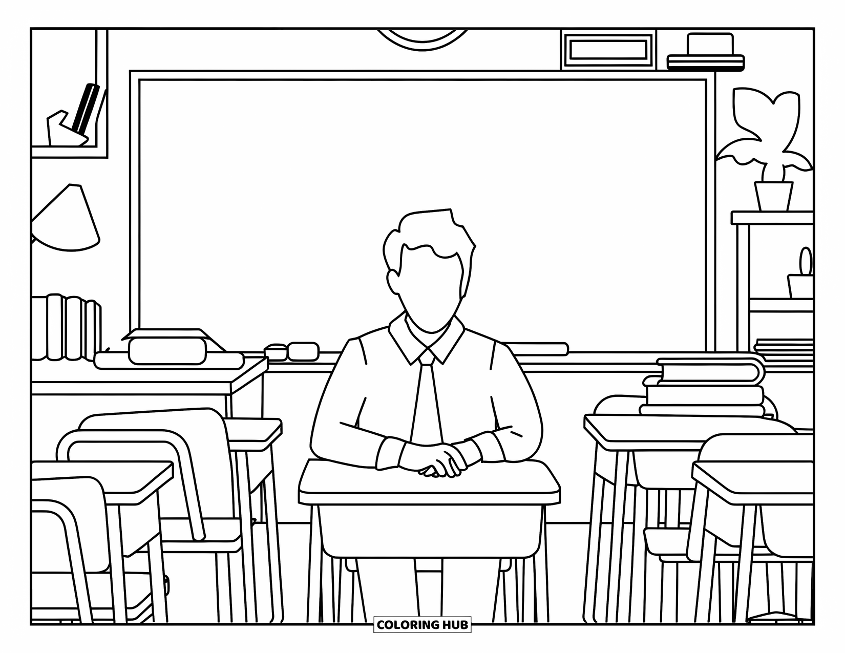 Lehrer Ausmalbild für Erwachsene: Ein Lehrer mit Krawatte sitzt allein beim Mittagessen, umgeben von Büchern, einer Lampe und weichem Durcheinander