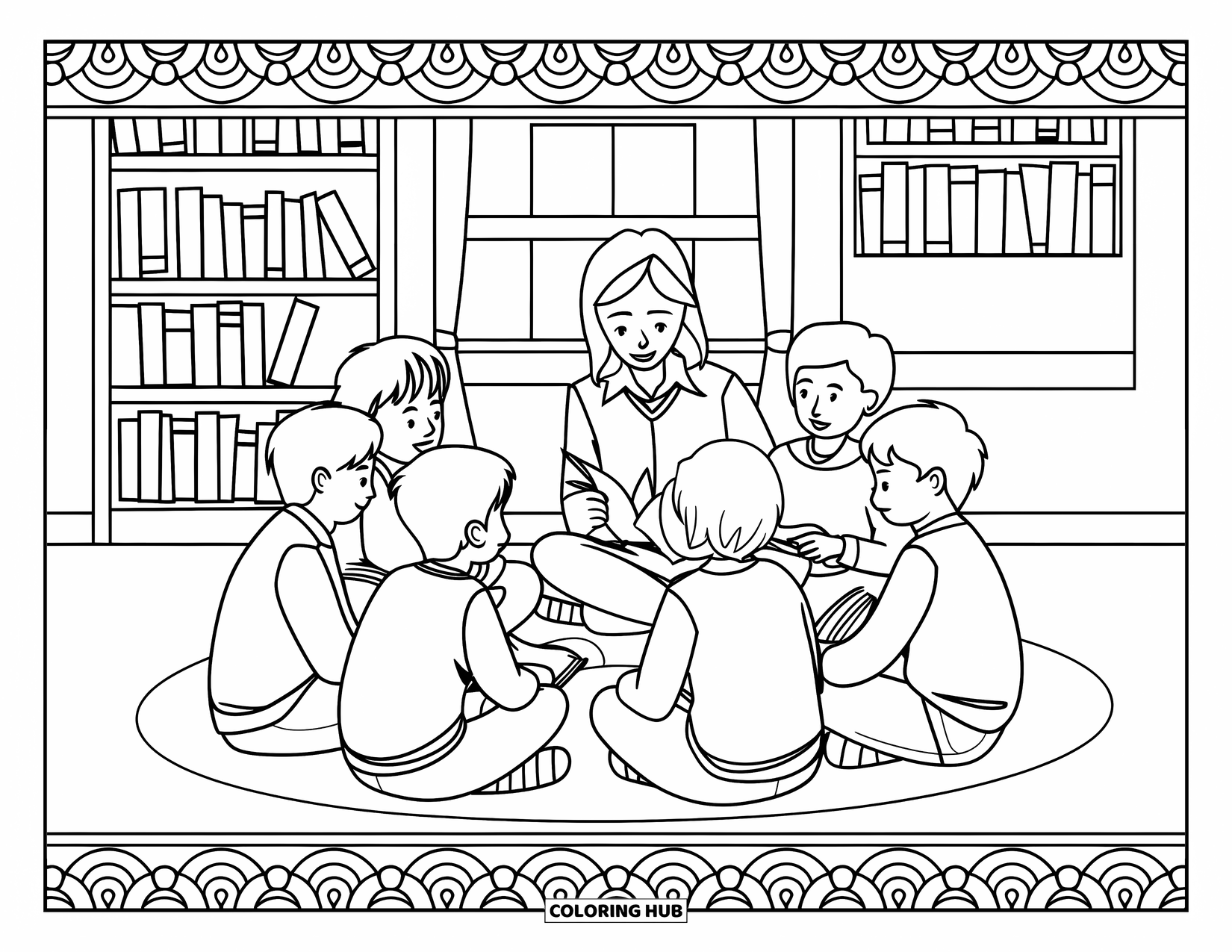 Lehrer Ausmalbild für Erwachsene: Ein Lehrer leitet einen kleinen Lesekreis auf dem Boden, umgeben von Bücherregalen und Fenstern