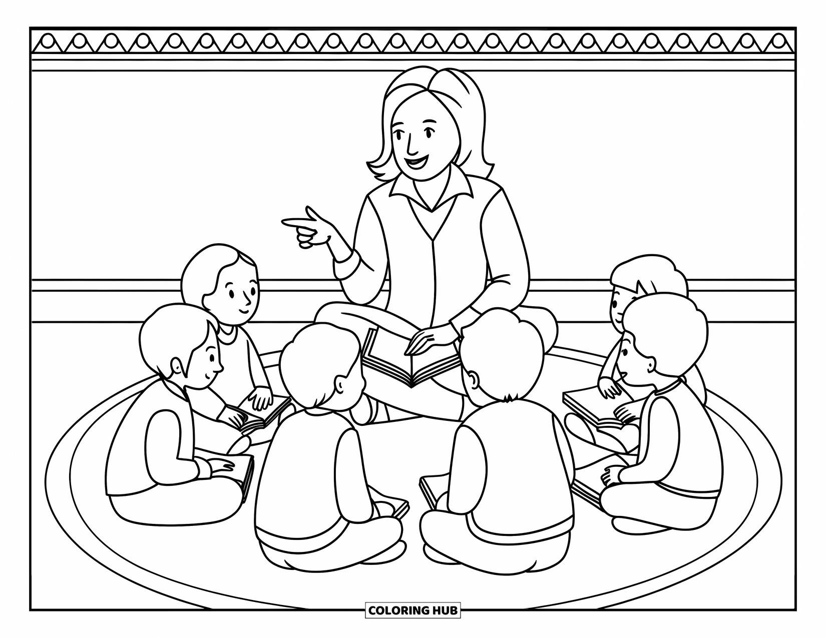 Lehrer Ausmalbild für Erwachsene: Ein Lehrer zeigt auf ein Buch, während Kinder mit offenen Büchern in einem gemusterten Lesekreis sitzen