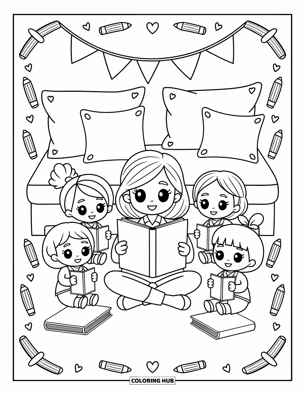 Lehrer Ausmalbild für Erwachsene: Ein Lehrer liest in einer gemütlichen Ecke mit drei Kindern, die Notizbücher und Bücher um sich herum halten