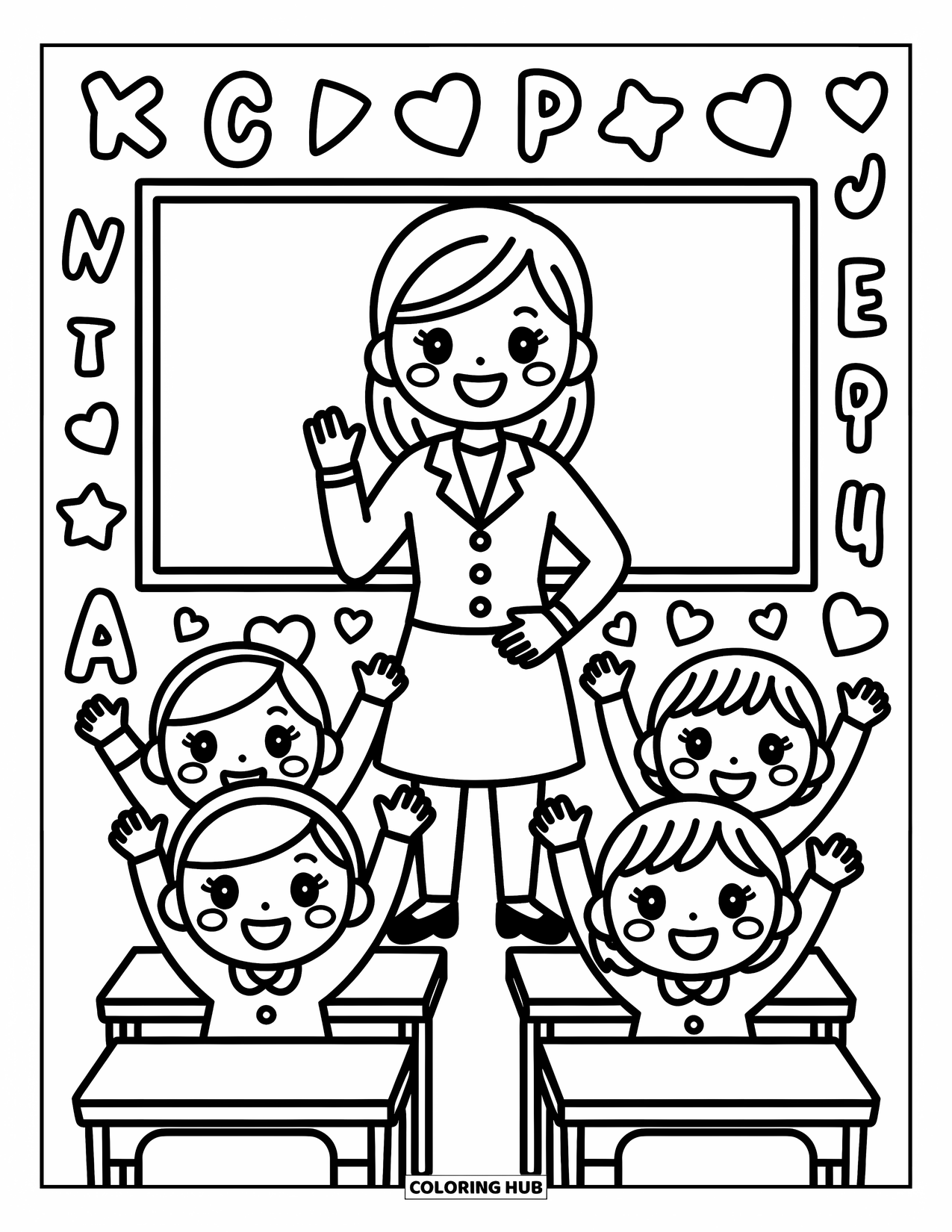 Lehrer Ausmalbild für Erwachsene: Ein Lehrer steht an der Tafel, während vier aufgeregte Schüler freudig ihre Hände heben