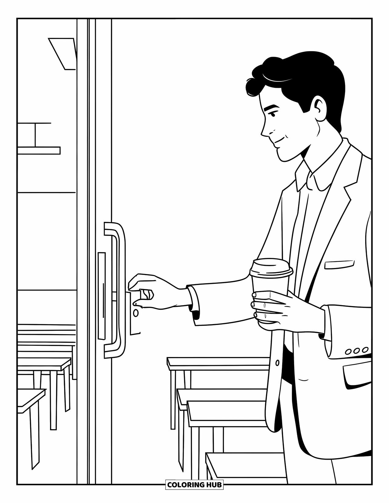 Lehrer Ausmalbild für Erwachsene: Ein Lehrer schließt morgens die Klassenzimmertür auf, Kaffee in der Hand, in der Nähe von Bänken und klaren Linien