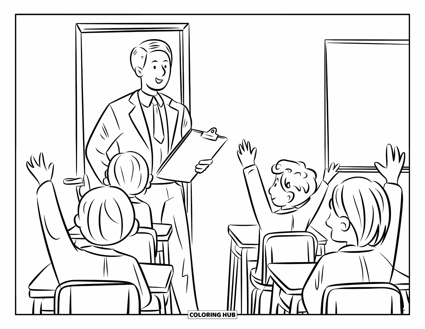 Lehrer Ausmalbild für Erwachsene: Ein Lehrer mit einem Klemmbrett begrüßt Schüler, die in der Nähe von Schreibtischen und einer Tafel ihre Hände heben