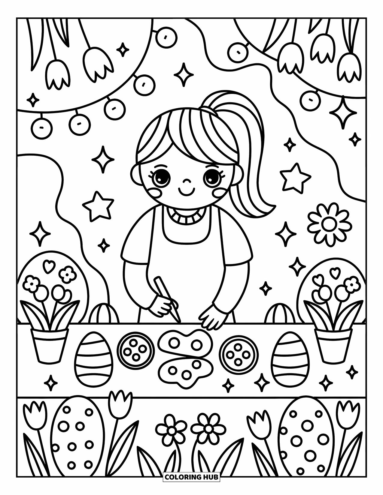 Lehrer Ausmalbild für Erwachsene: Ein Lehrer mit einem Pferdeschwanz unterstützt Schüler an einer Bastelstation mit Eiern, Tulpen und Blumen