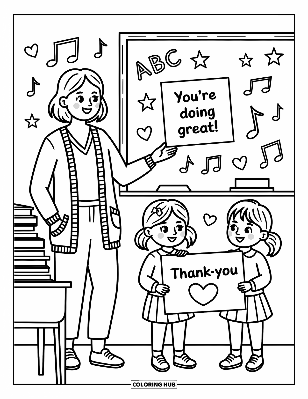 Lehrer Ausmalbild für Erwachsene: Ein herzlicher Lehrer steht in der Nähe einer Tafel, während Schüler ihr eine süße Dankeskarte überreichen