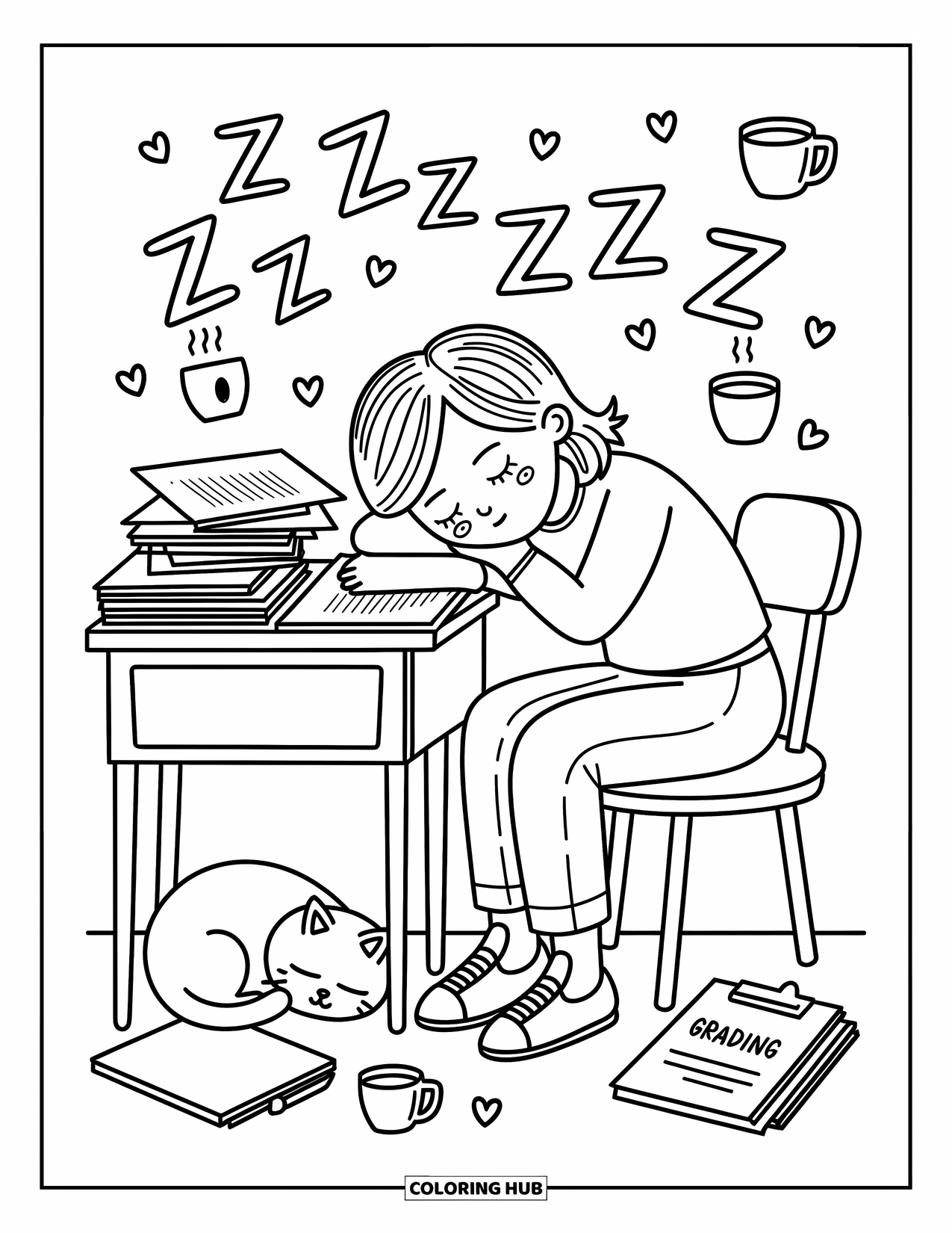 Lehrer Ausmalbild für Erwachsene: Ein müder Lehrer lehnt an ihrem Schreibtisch mit einer schläfrigen Katze und schwebenden Herzen um sie herum