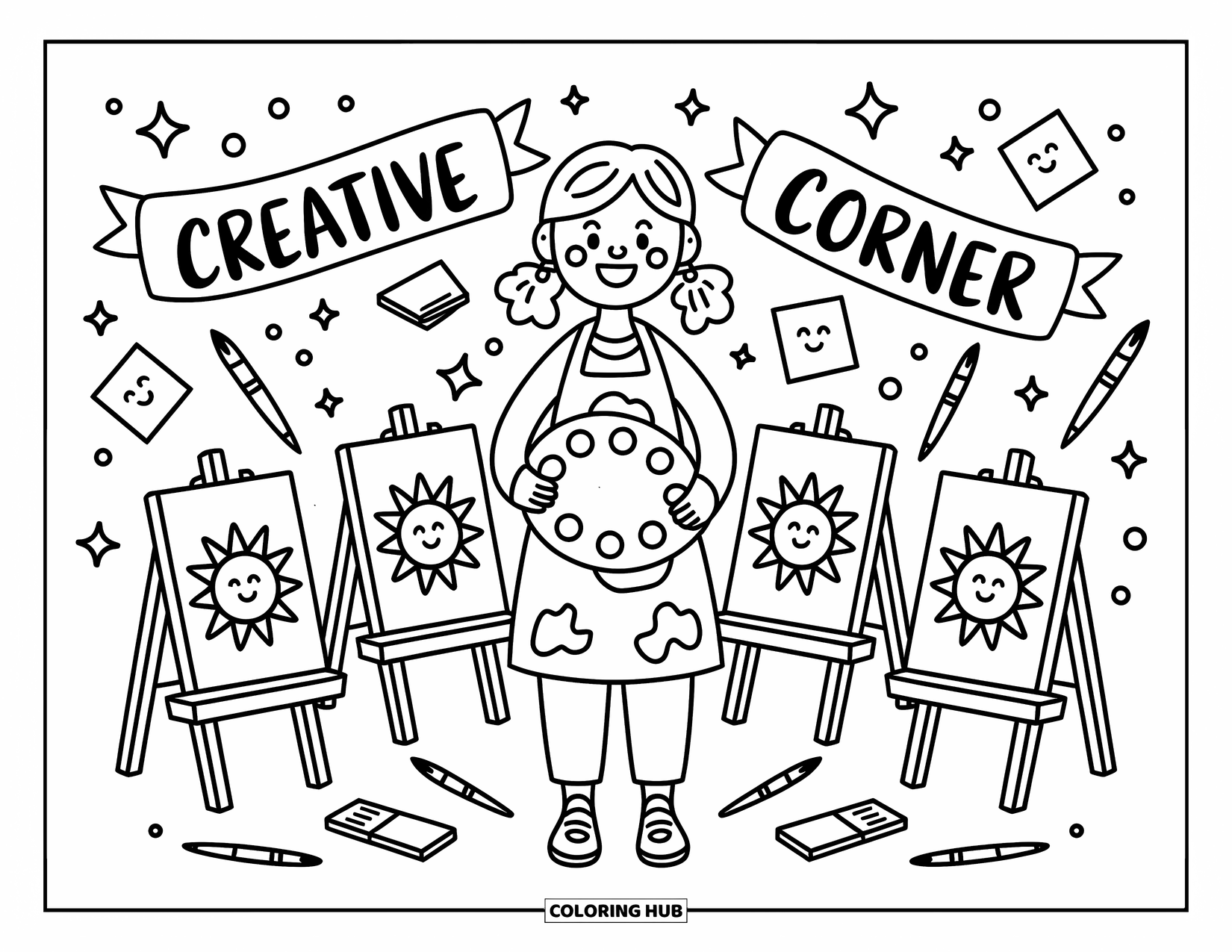 Lehrer Ausmalbild für Erwachsene: Ein Kunstlehrer lächelt mit einer großen Palette, umgeben von winzigen Staffeleien und verspielten Farbdetails