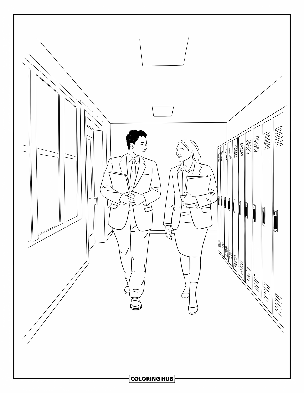 Lehrer Ausmalbild für Erwachsene: Lehrer gehen Seite an Seite mit Ordnern in der Hand einen ruhigen Flur mit Schließfächern und Fenstern entlang