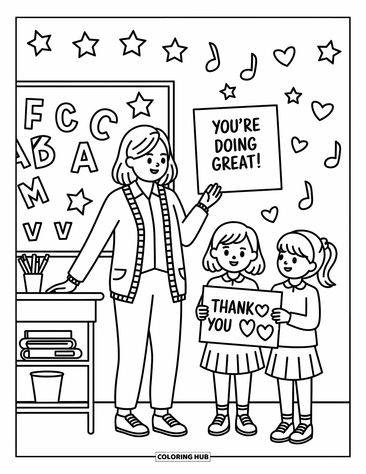 Lehrer Ausmalbild für Erwachsene: Zwei Schüler überreichen ihrem lächelnden Lehrer in der Nähe einer gekritzelten Tafel eine riesige Karte