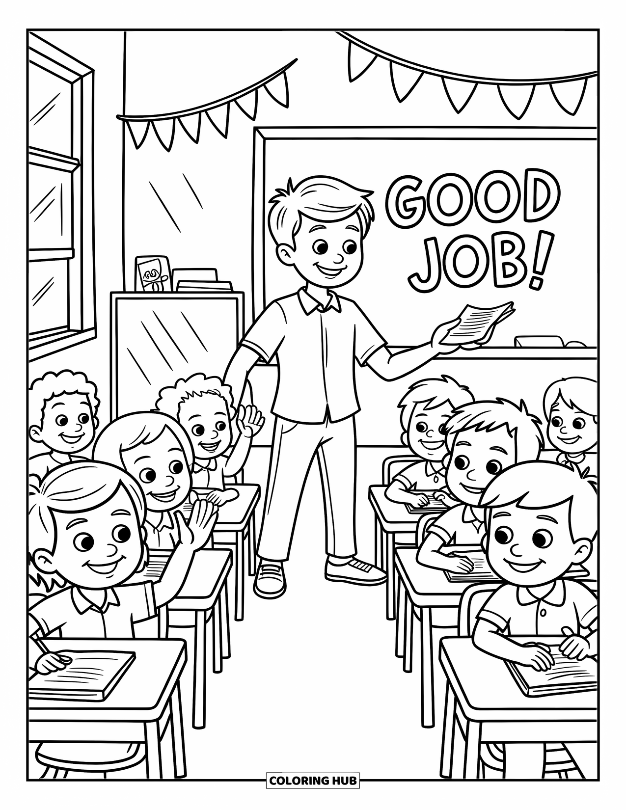 Lehrer Ausmalbild für Kinder: Ein junger Lehrer mit stacheligen Haaren teilt Blätter mit aufgeregten Kindern in einem hellen Klassenzimmer