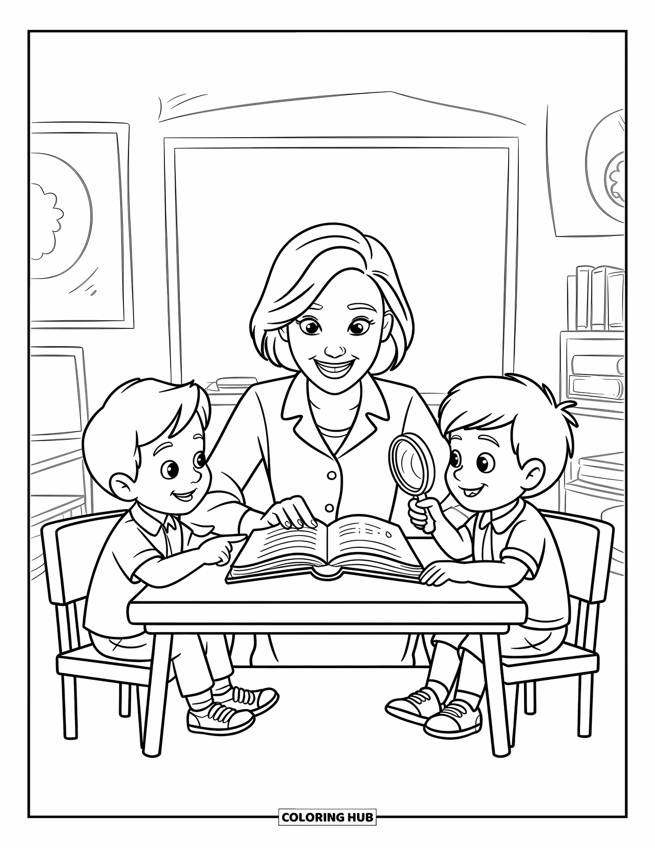 Lehrer Ausmalbild für Kinder: Eine fröhliche Lehrerin hilft zwei Kindern, gemeinsam ein Buch in einer hellen Klassenzimmerumgebung zu erkunden