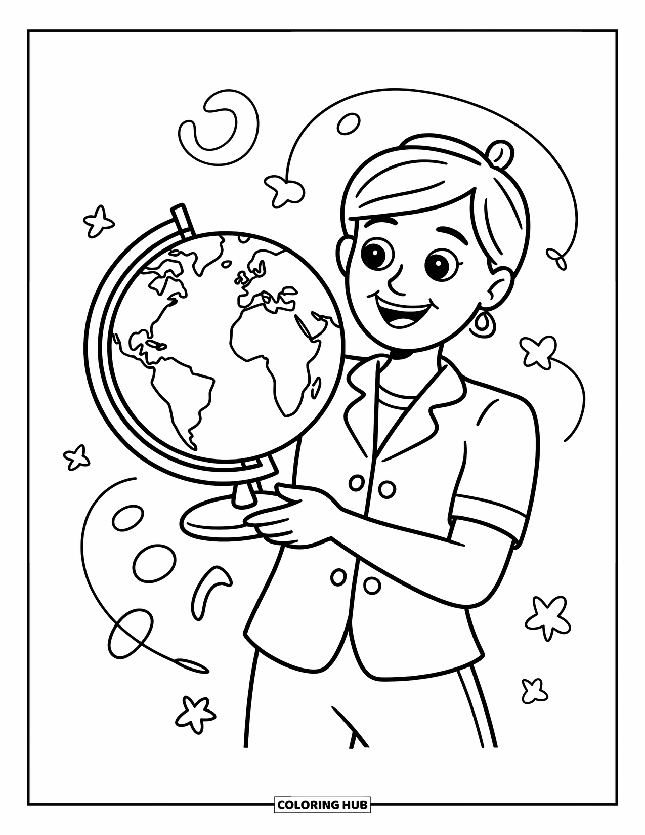 Lehrer Ausmalbild für Kinder: Eine fröhliche Lehrerin hält einen Globus mit kleinen Tieren und schwebenden Sternen