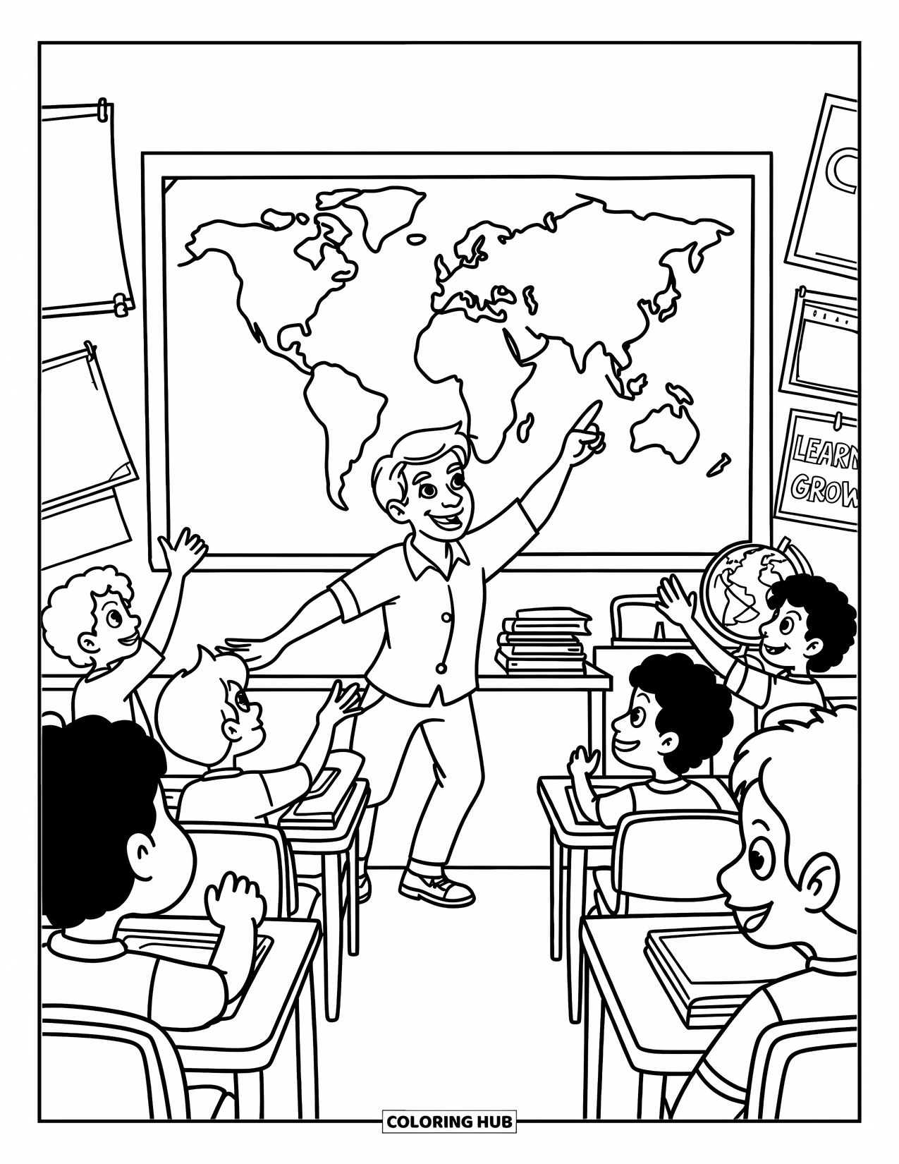 Lehrer Ausmalbild für Kinder: Eine fröhliche Lehrerin zeigt auf eine Karte, während aufgeregte Schüler die Hände heben, um mitzumachen