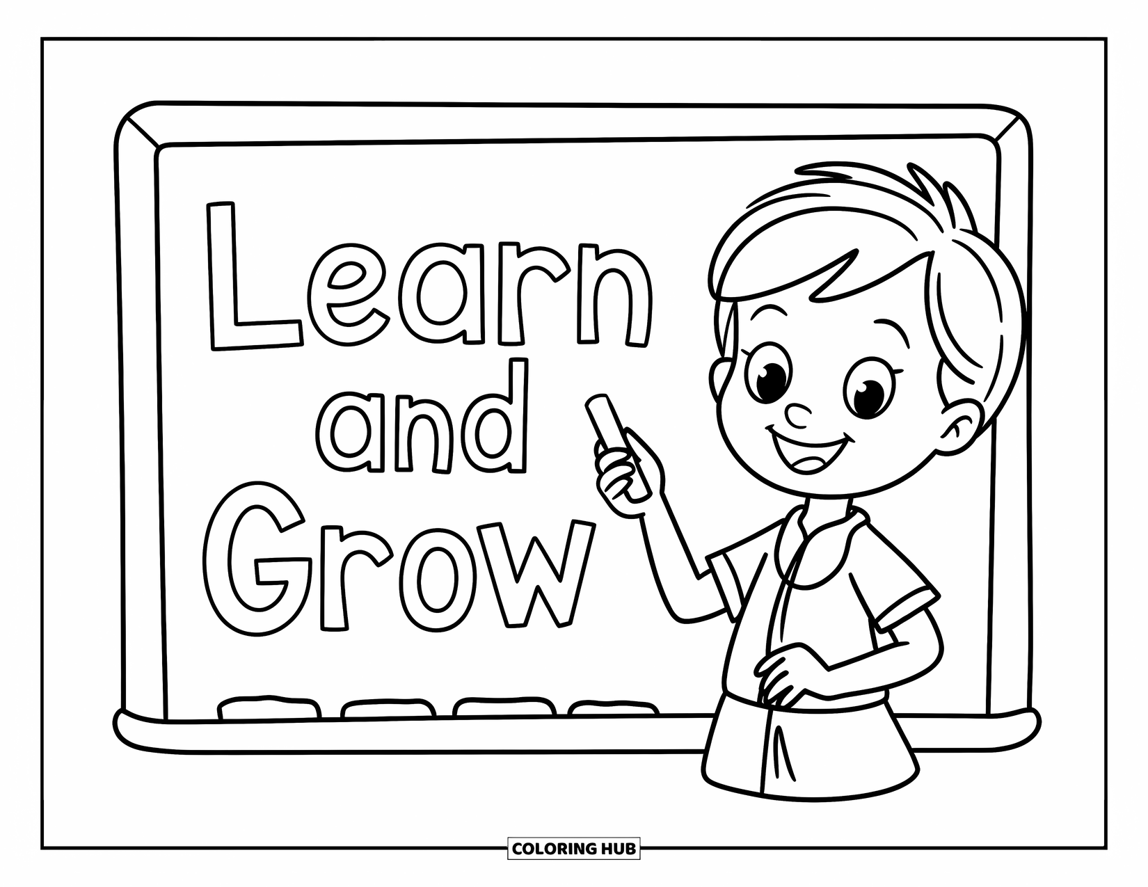 Lehrer Ausmalbild für Kinder: Eine fröhliche Lehrerin zeigt auf „LERNEN UND WACHSEN“ auf einer Tafel mit lustigen Zeichnungen