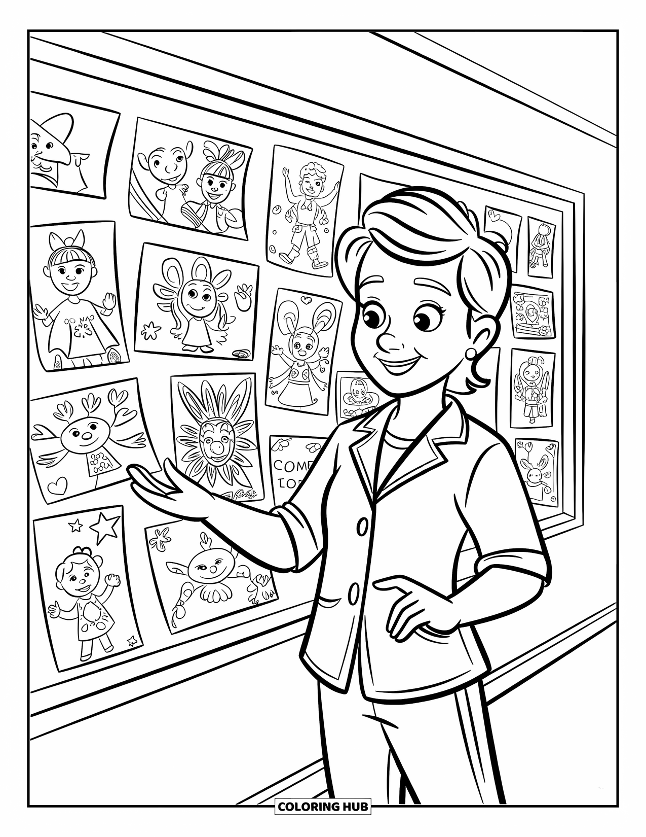 Lehrer Ausmalbild für Kinder: Eine fröhliche Lehrerin steht neben einer Pinnwand voller Sterne, Herzen und Tiere