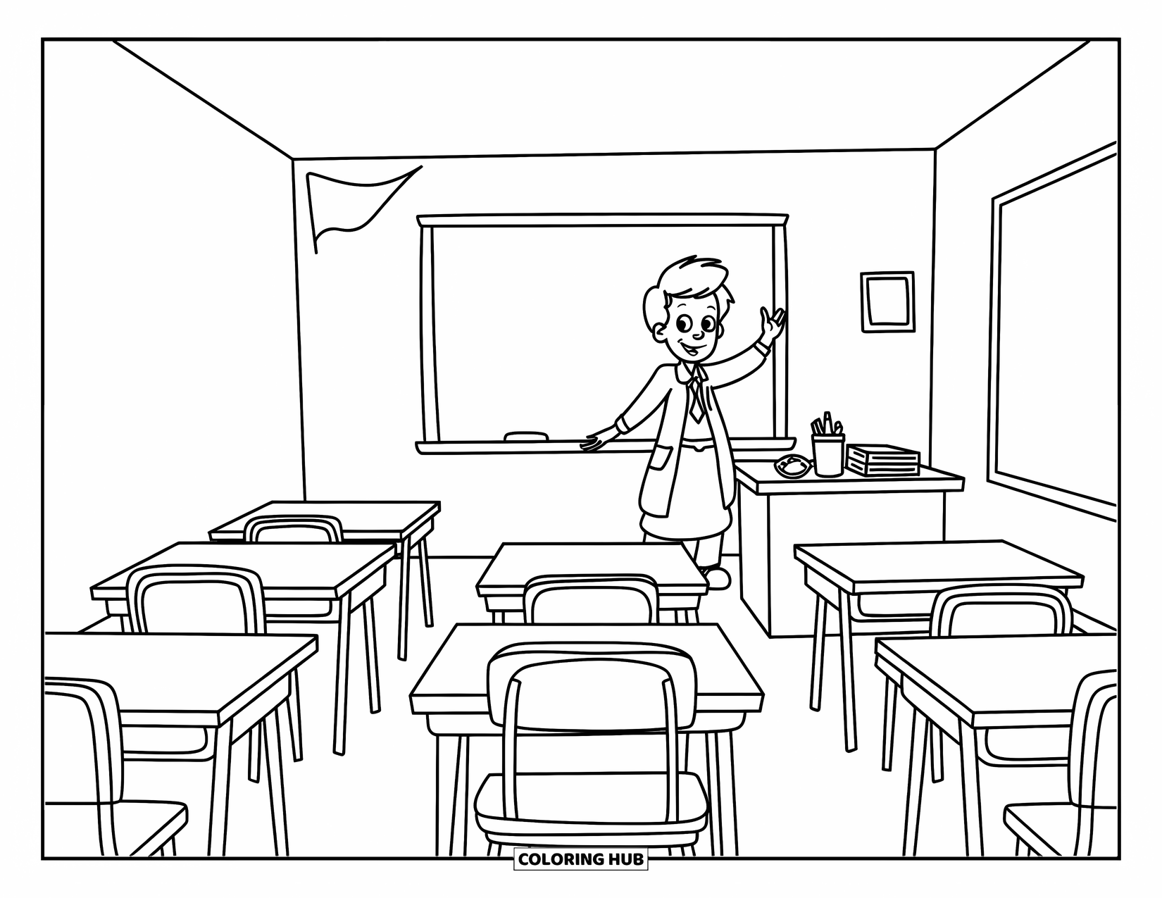 Lehrer Ausmalbild für Kinder: Ein fröhlicher Lehrer steht in der Nähe einer Tafel mit einer Buntstiftbox auf dem Boden