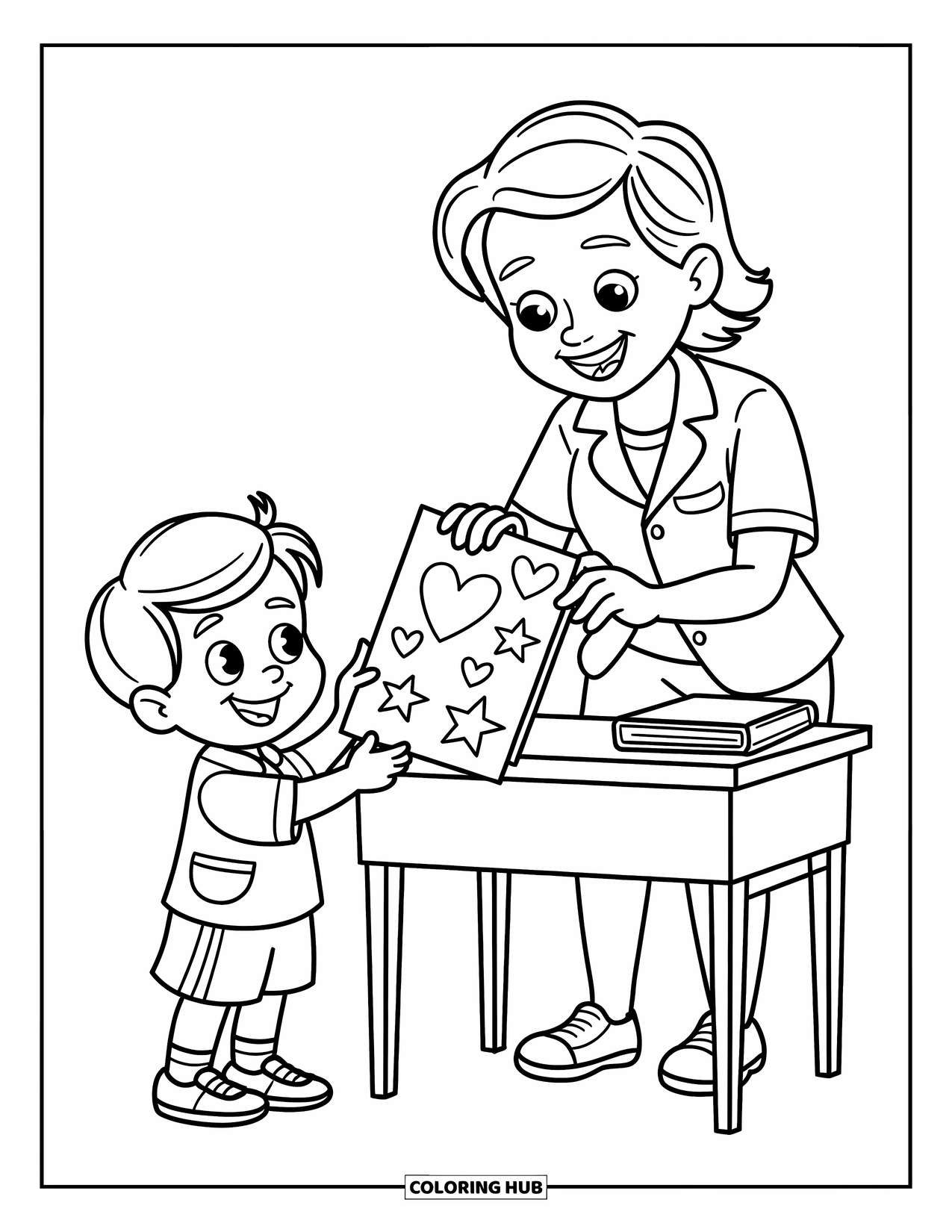 Lehrer Ausmalbild für Kinder: Eine fröhliche Lehrerin steht mit einem Buch da, während ein lächelndes Kind eine Karte anbietet