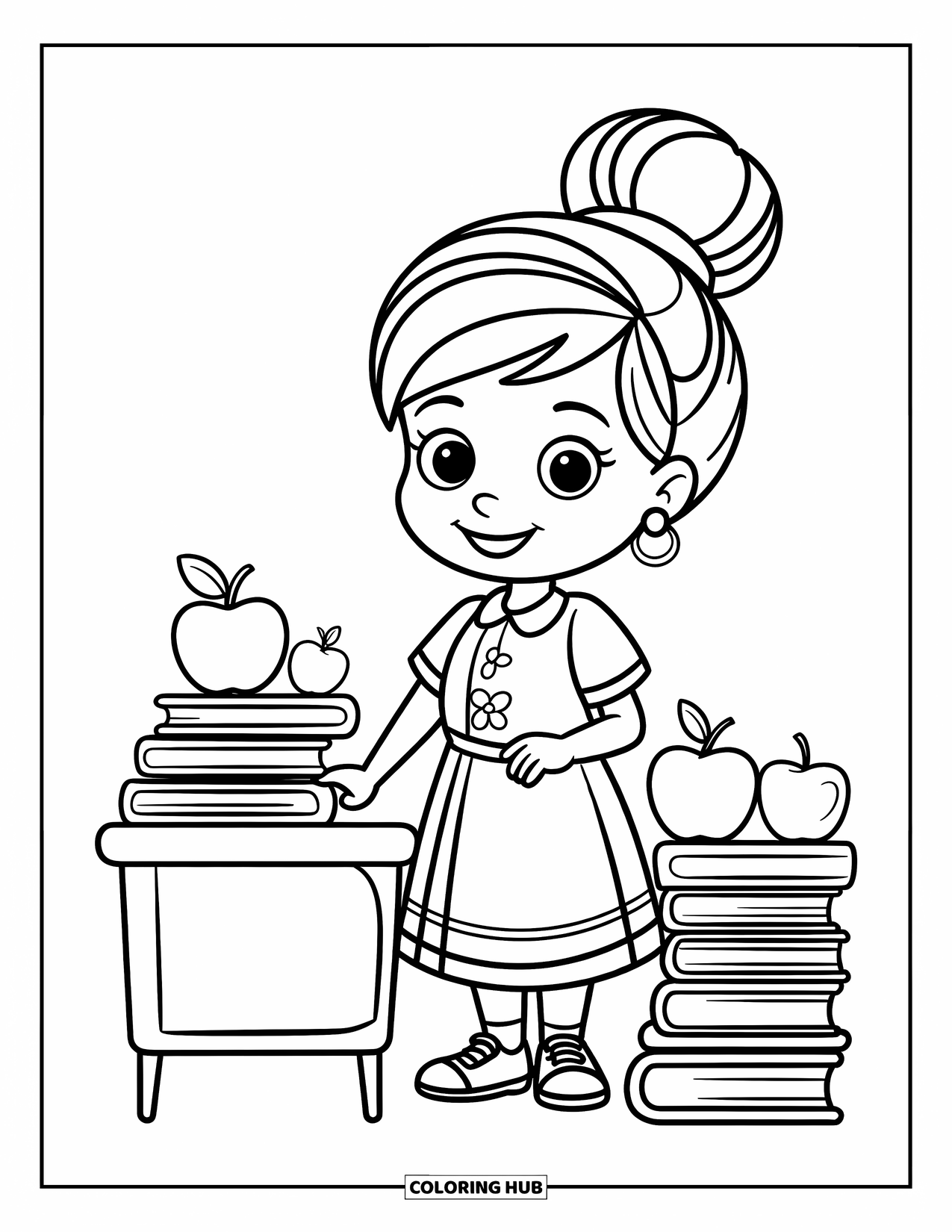 Lehrer Ausmalbild für Kinder: Eine fröhliche Lehrerin mit Dutt steht an einem Schreibtisch mit Büchern und Äpfeln