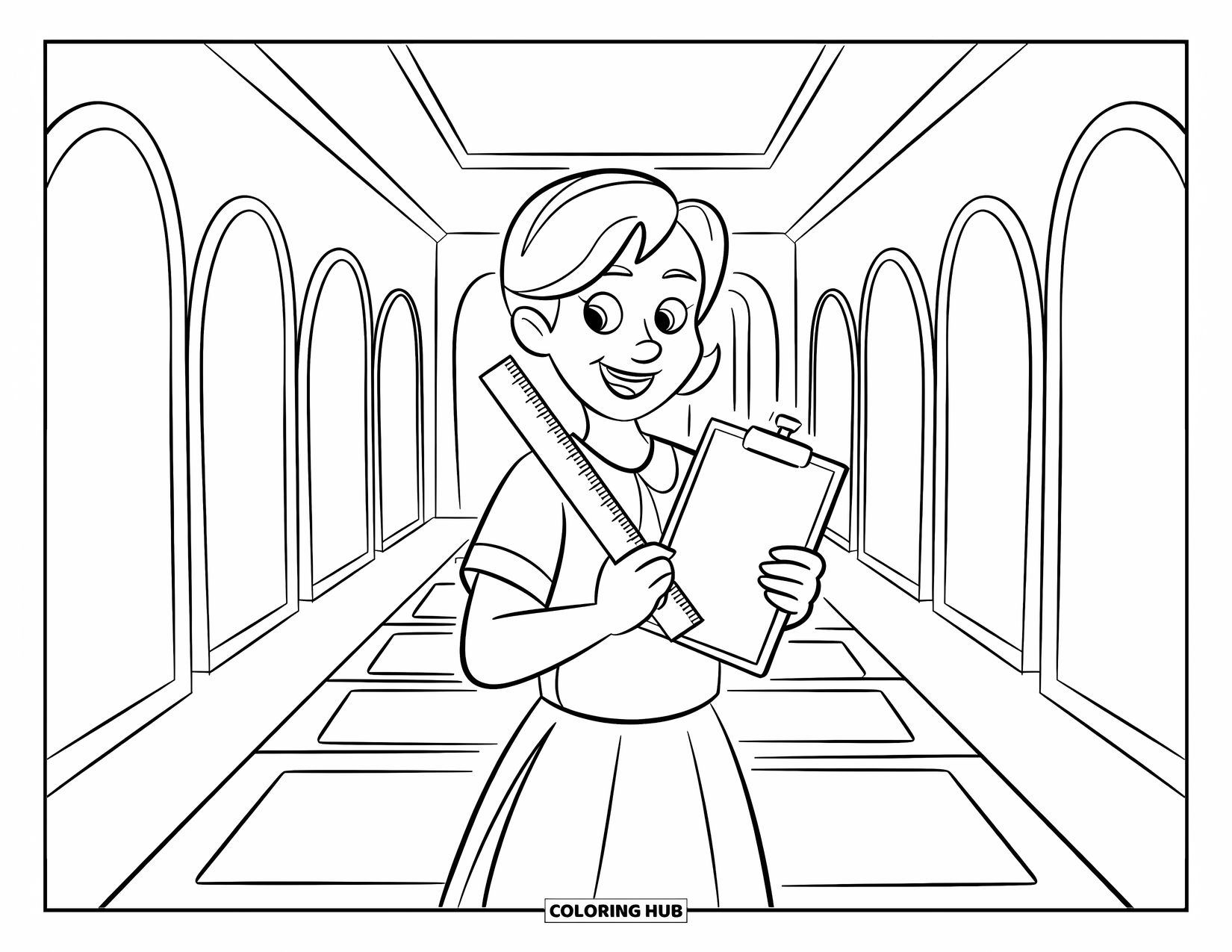 Lehrer Ausmalbild für Kinder: Eine fröhliche Lehrerin mit einem Lineal und einem Klemmbrett steht in einem Flur mit hohen Türen