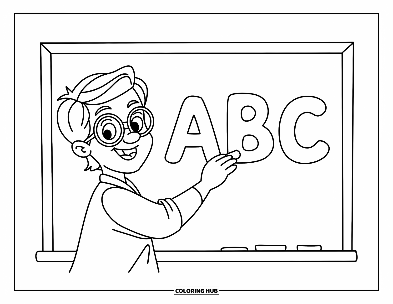 Lehrer Ausmalbild für Kinder: Eine fröhliche Lehrerin mit Brille schreibt „ABC“, während Sterne und Formen die Tafel schmücken